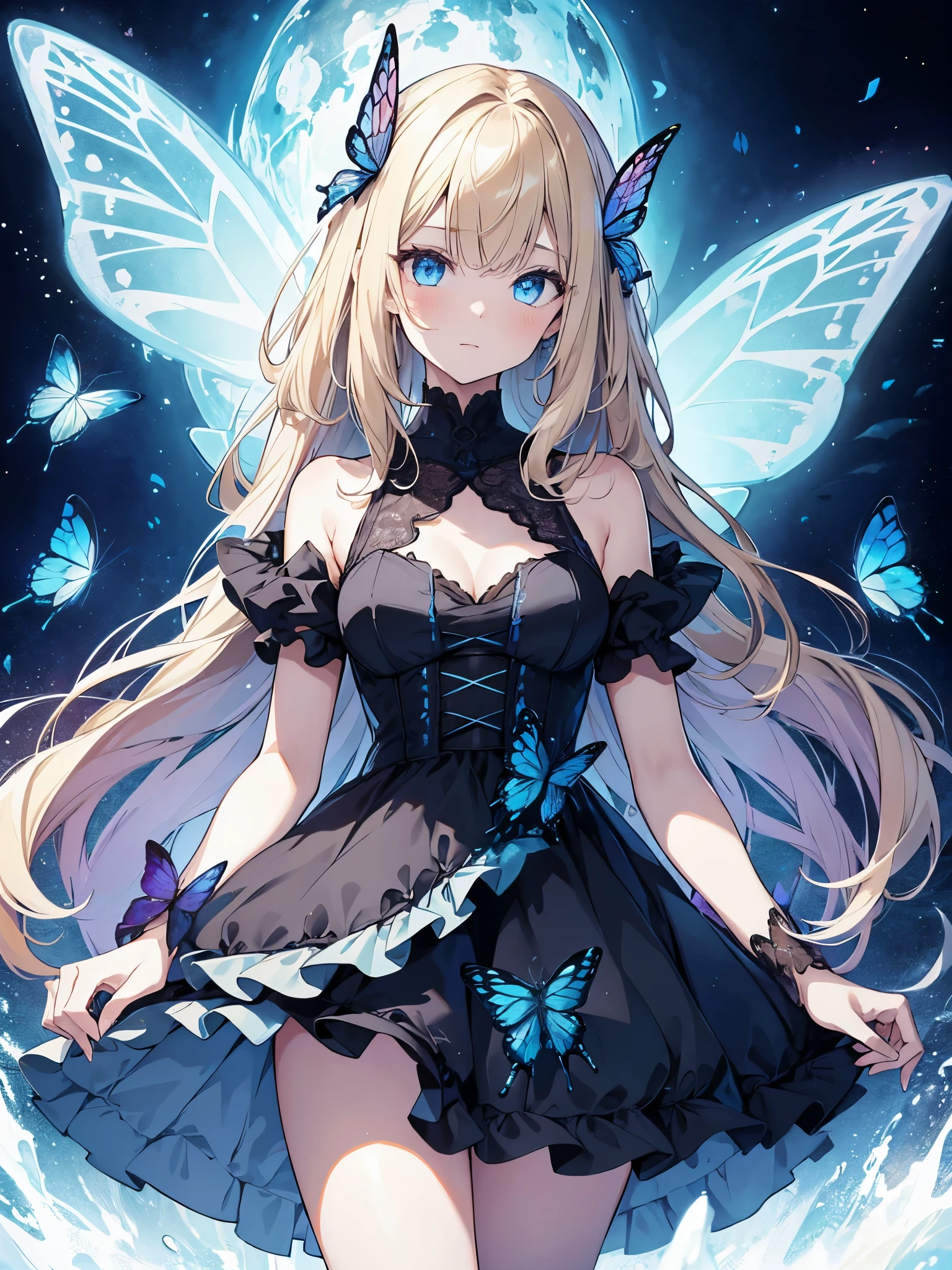 1girl,mit einem langen Kleid, The dress consists of lots of butterflies in different sizes and colors, Regenbogenfarben, Blonde Haare, sehr lange Haare, geflochtene Haare und teilweise offen, White background, elegant, dynamisch, beautifules Kunstwerk, Anime-Illustration, Ultra HD, beautiful, blaue Augen, sehr viele Schmetterlinge bilden das Kleid