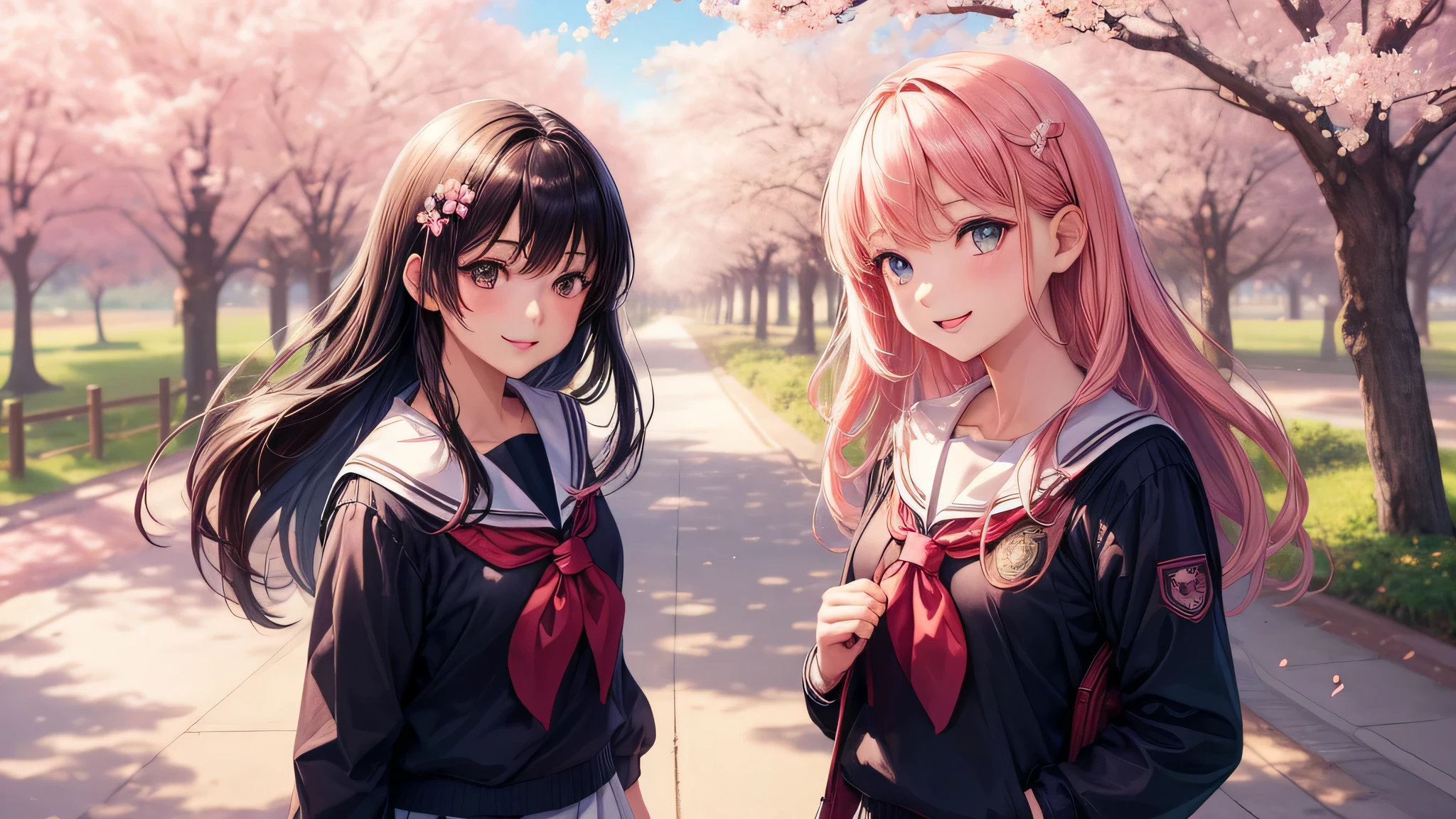 (2 girls:1.2), cute face, cute smile, (school uniform, mini skirt:1.2), (highest quality: 1.4), (Super detailed), (highest quality:1.4), (super detailed), (cherry blossomsのトンネル in full bloom, cherry blossomsのトンネル), road, Day光, cherry blossoms, cherry blossoms, Sunny, cloud, Day, blue sky, (anime illustration), very high resolution, (Upper body), close up face