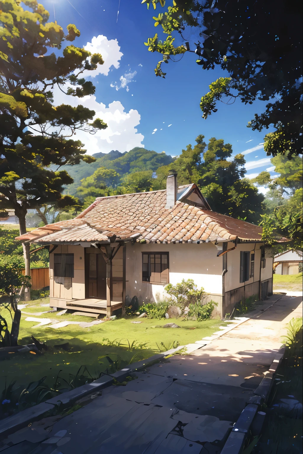 crie imagem, de uma casa de taipa branca bem simples ,como as casas dos caipiras ,2 trees on the right side of the house,a well in front,sol radiante , arte realista, High definition, 16:9,anime,estilo country, vilarejo 
