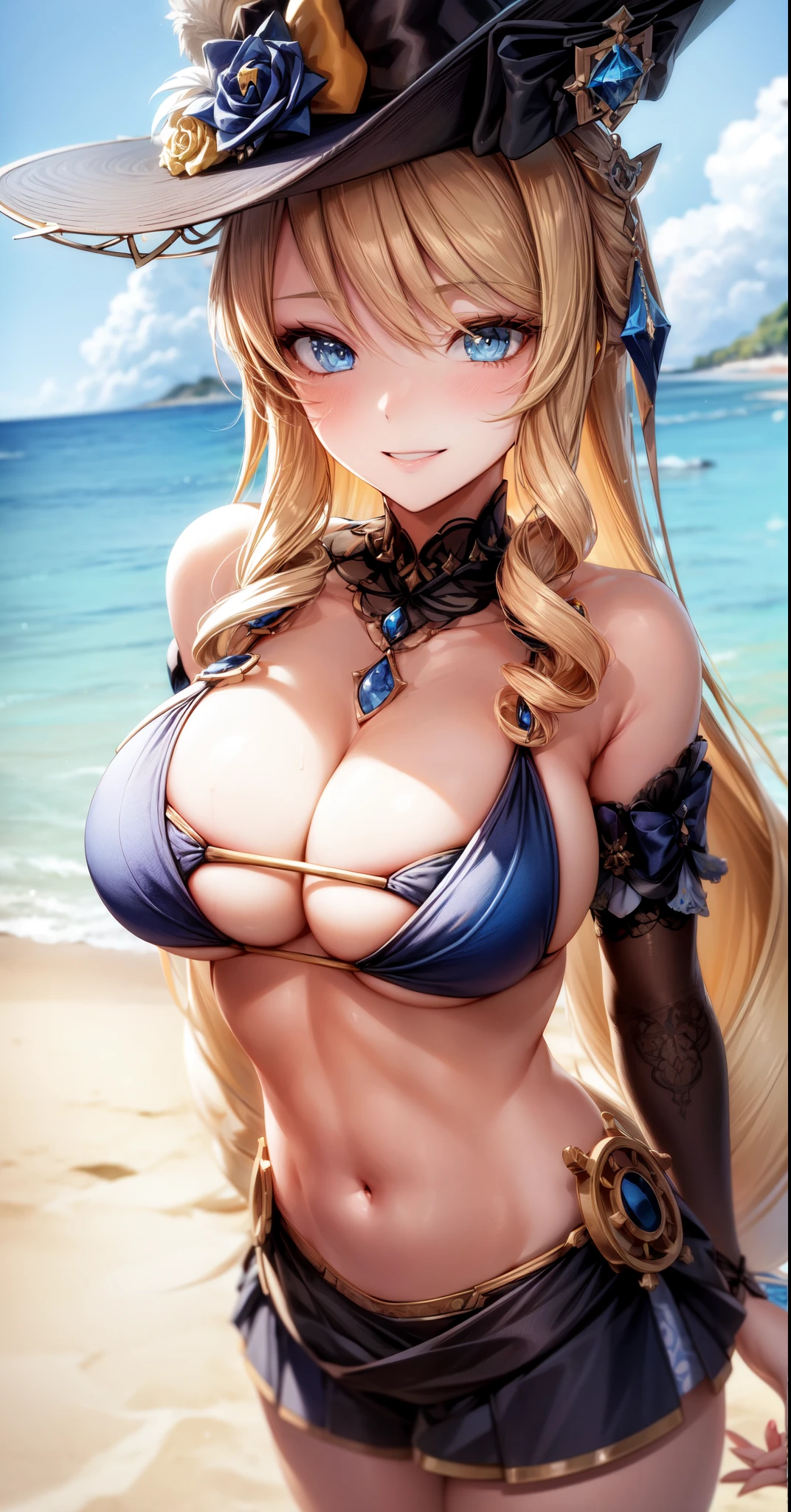 anime, beautiful face, highly detailed face, 2 accurate legs, blue detailed eyes, highly detailed beach background, perfect lighting, best body lighting, navia hat, 1girl navia, solo, navia, genshin impact, outdoors, beautiful blonde long hair, absurdres, high res, ultrasharp, 8K, masterpiece, looking at viewer, (teasing smile:1.2), blushing loads, BREAK (detailed sexy beach bikini:1.4), all intricate lace, (elegant pose:1.2)