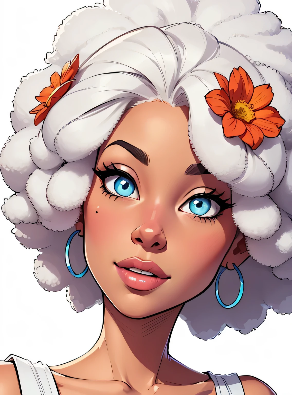 (estilo de desenho animado:1.2), desenho de garota afro, Olhos perfeitos, rosto detalhado, flores, fundo branco, Seios pequenos