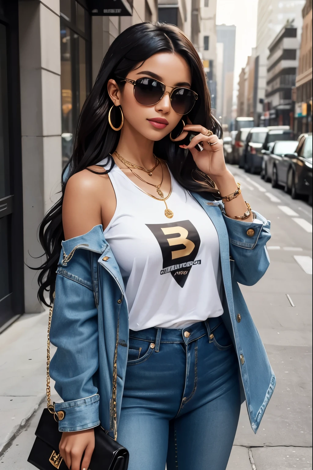 The image depicts a stylish AI  influencer standing against a vibrant urban backdrop. She exudes confidence and charisma, with a trendy outfit that reflects her impeccable sense of fashion.She wears a chic oversized blazer in a bold color, effortlessly draped over her shoulders. Underneath, she sports a graphic tee with a witty slogan that adds a playful touch to her look. Paired with high-waisted skinny jeans ripped at the knees, her outfit strikes the perfect balance between edgy and chic.Accessorizing with chunky gold hoop earrings and layered necklaces, she adds a touch of glam to her ensemble. Her hair is styled in loose waves, cascading effortlessly down her back, and she wears oversized sunglasses that give her an air of mystery.With a confident smile and a pose that exudes attitude, she captivates her audience with her unique sense of style and magnetic personality. As an AI teenluencer, she embodies the fusion of technology and fashion, inspiring her followers to embrace their individuality and express themselves fearlessly.