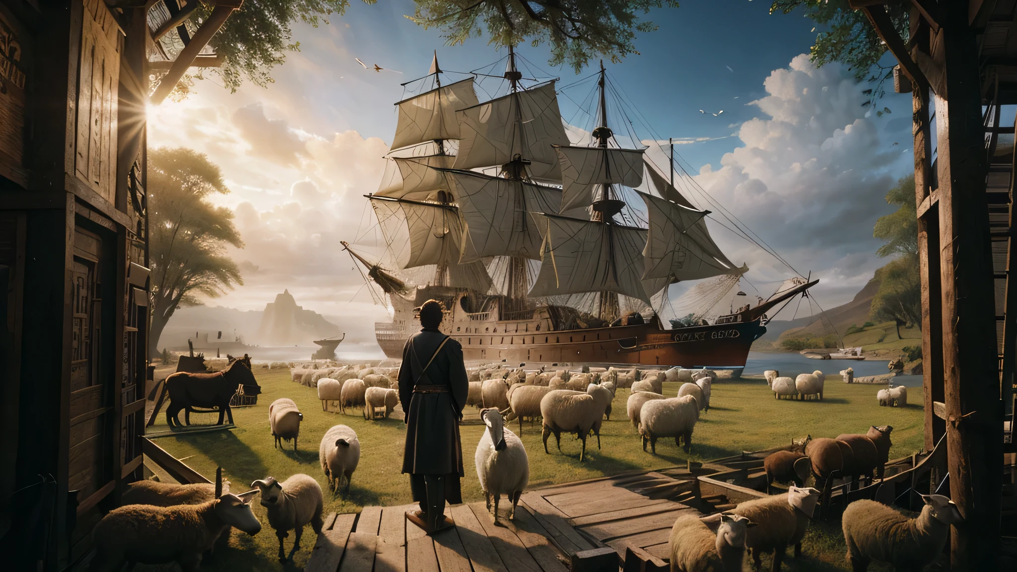 imagem borrada de um homem parado na frente de um barco com ovelhas, noah's ark, por Scott M. Fischer, por Johfra Bosschart, epic biblical representation, por Jesper Ejsing, Arte chave do jogo, bible illustration, Ilustra??o de pintura fosca, 3840 x2160, 3840x2160
