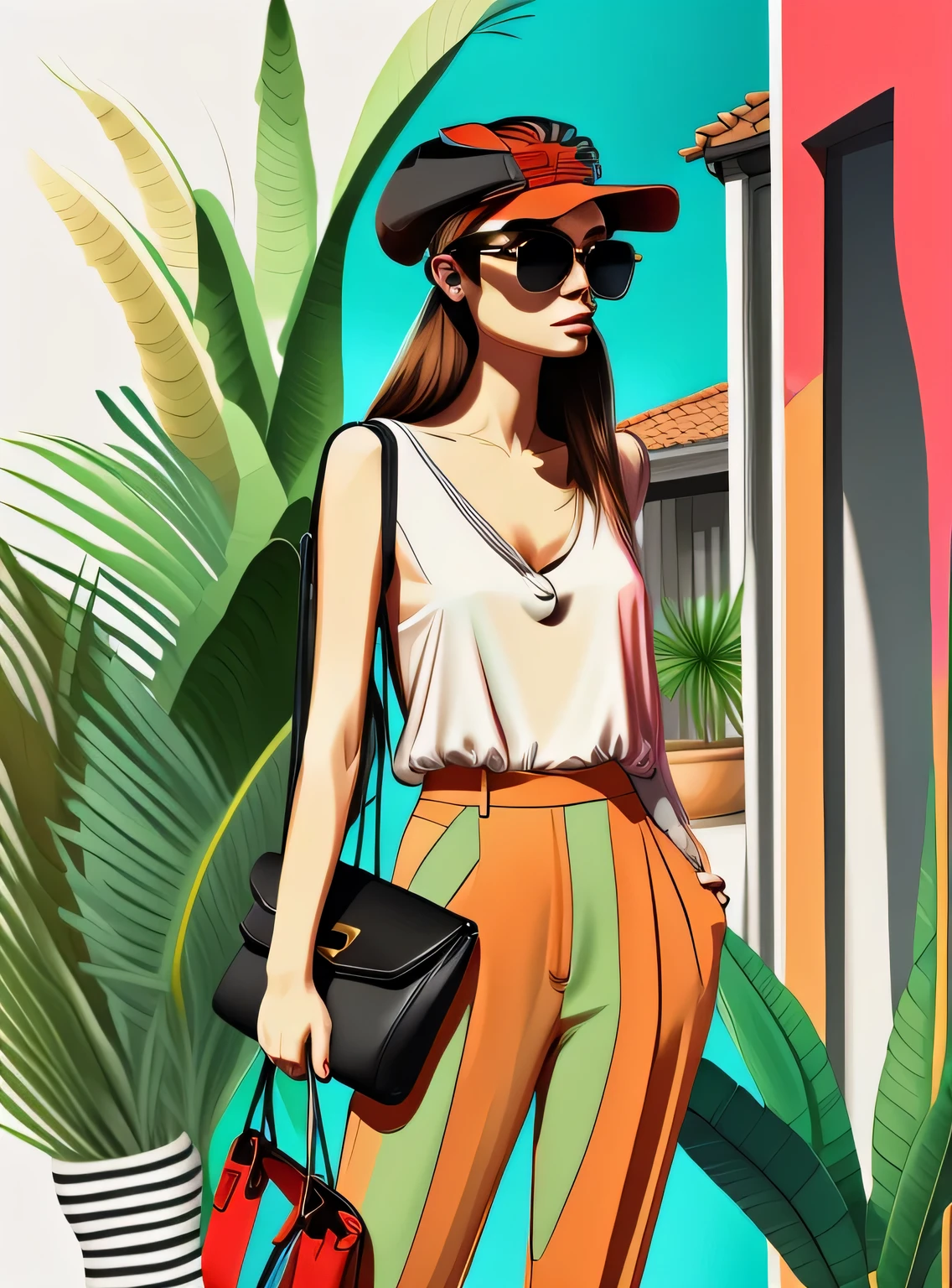 a woman in red pants and a white blouse with a black bag and sunglasses on her head and a palm tree in the background, Drew Tucker, digital illustration, arte digital, arte digital