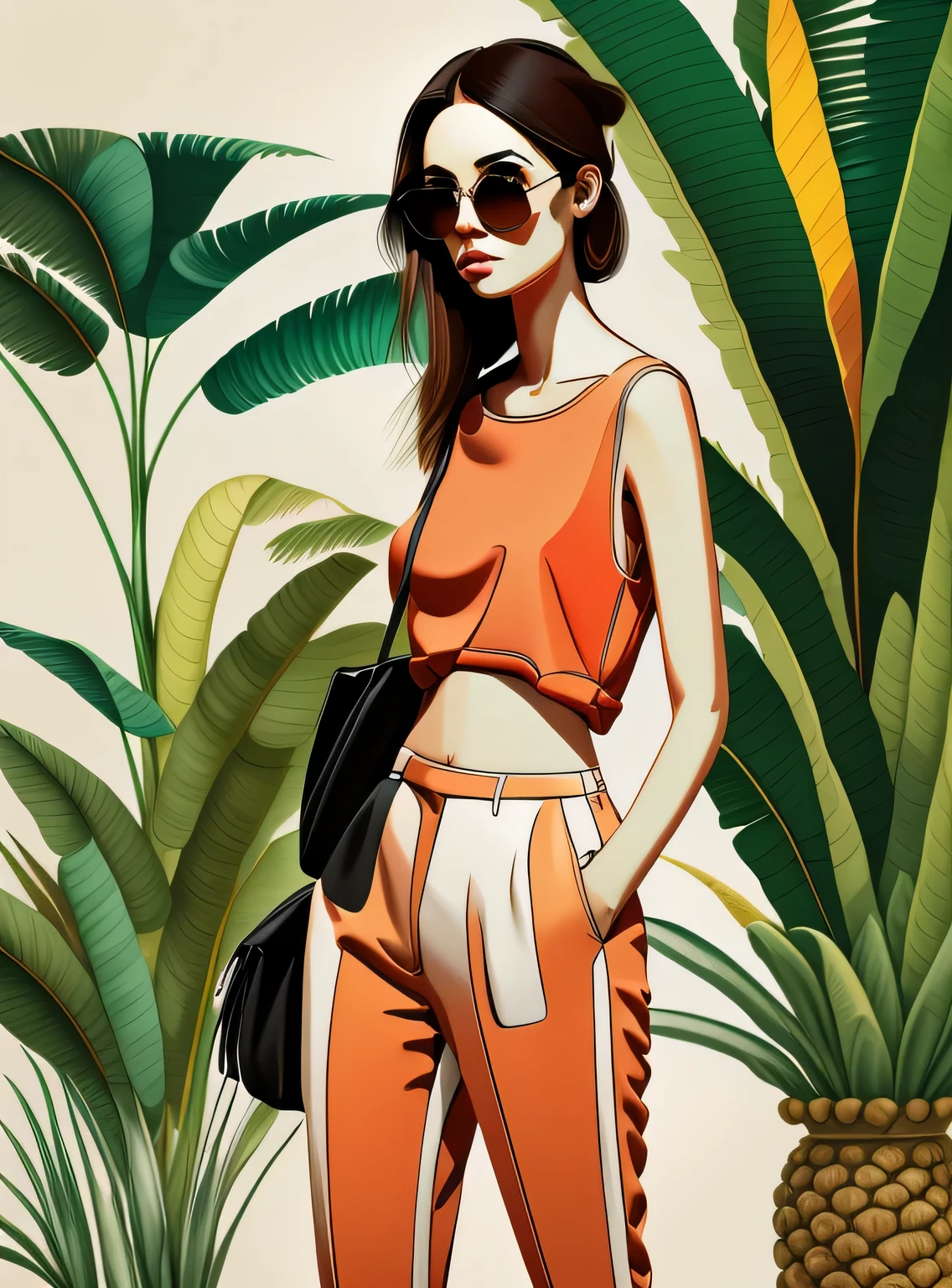 a woman in red pants and a white blouse with a black bag and sunglasses on her head and a palm tree in the background, Drew Tucker, digital illustration, arte digital, arte digital