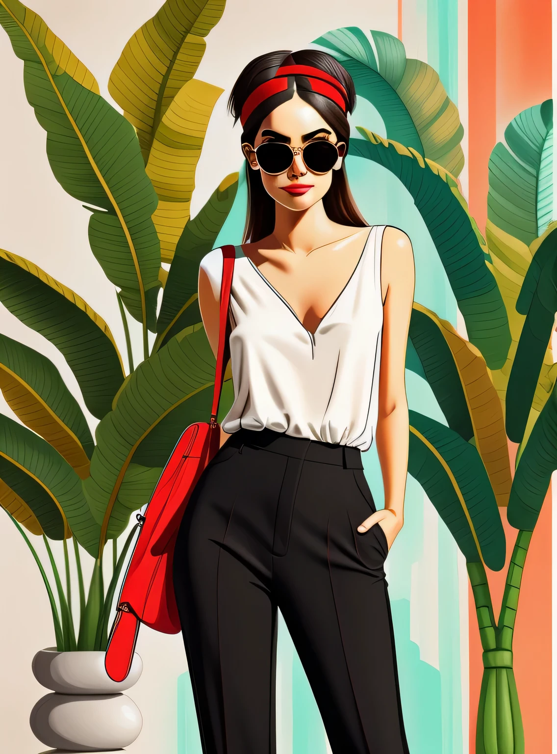 a woman smiling in red pants and a white blouse with a black bag and sunglasses on her head and a palm tree in the background, Drew Tucker, digital illustration, arte digital, arte digital