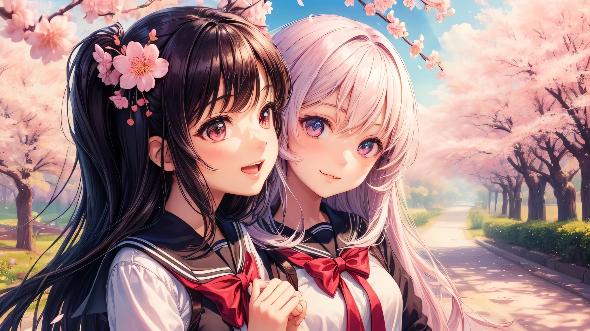 (2 girls:1.2), cute face, cute smile, (school uniform, mini skirt:1.2), (highest quality: 1.4), (Super detailed), (highest quality:1.4), (super detailed), (cherry blossomsのトンネル in full bloom, cherry blossomsのトンネル), road, Day光, cherry blossoms, cherry blossoms,  Sunny, cloud, Day,  blue sky, (anime illustration), very high resolution, (Upper body), close up face, cherry blossoms,