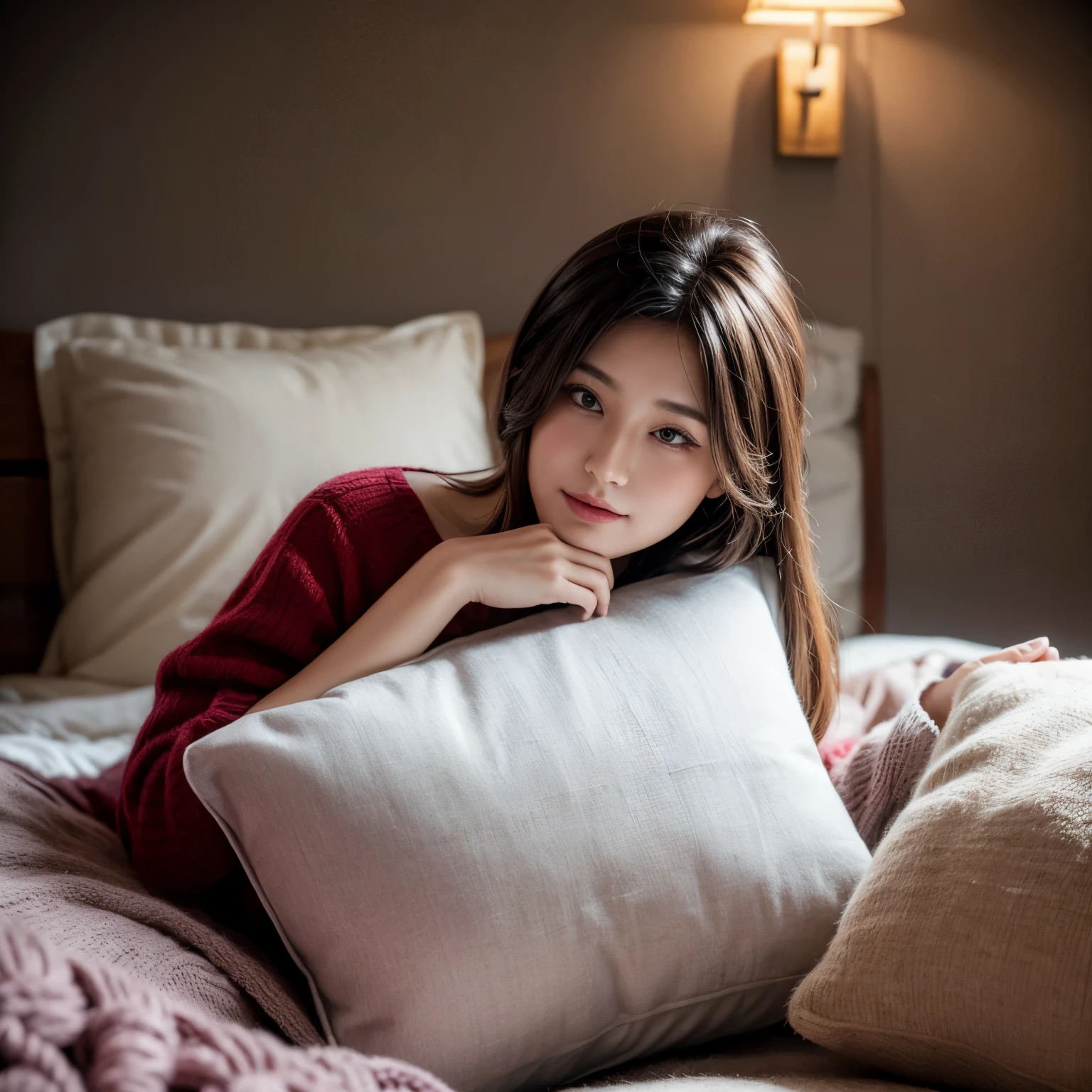 a beautiful woman is posing for an advertisement for pillows and bolsters, for an advertisement she is holding a pillow to show off to the audience , brunnet bob hair , focus on pillow , long exposure