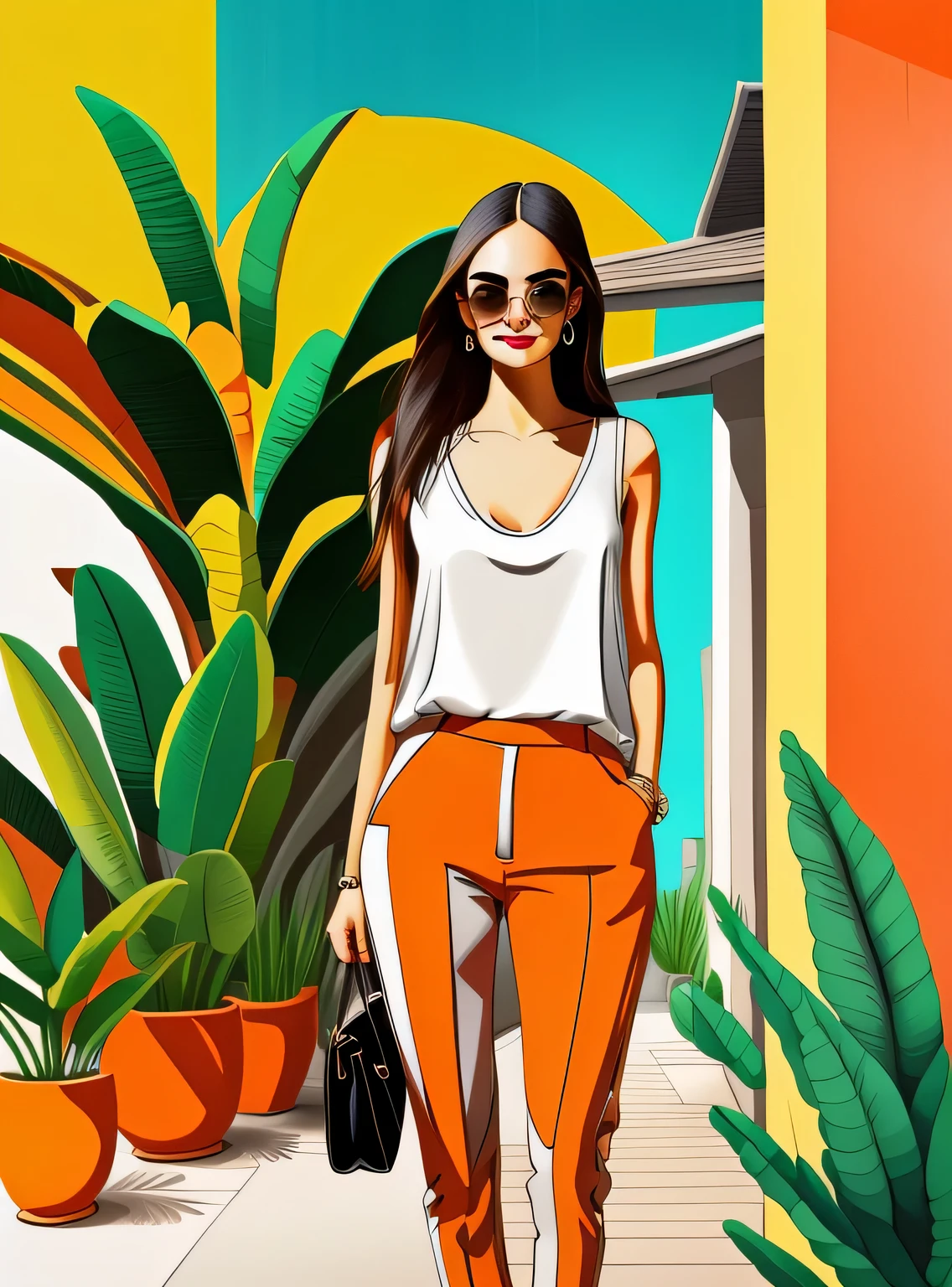 a woman smiling in red pants and a white blouse with a black bag and sunglasses on her head and a palm tree in the background, Drew Tucker, digital illustration, arte digital, arte digital