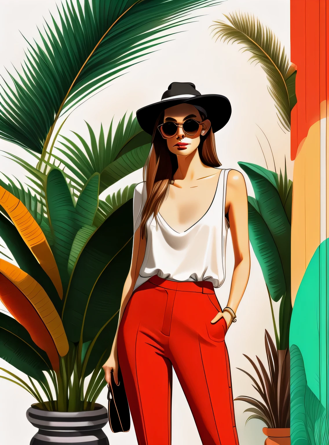 a woman smiling in red pants and a white blouse with a black bag and sunglasses on her head and a palm tree in the background, Drew Tucker, digital illustration, arte digital, arte digital