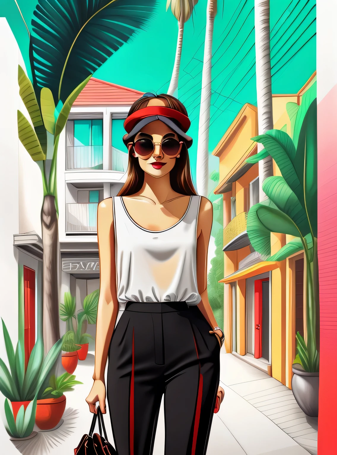 a woman smiling in red pants and a white blouse with a black bag and sunglasses on her head and a palm tree in the background, Drew Tucker, digital illustration, arte digital, arte digital