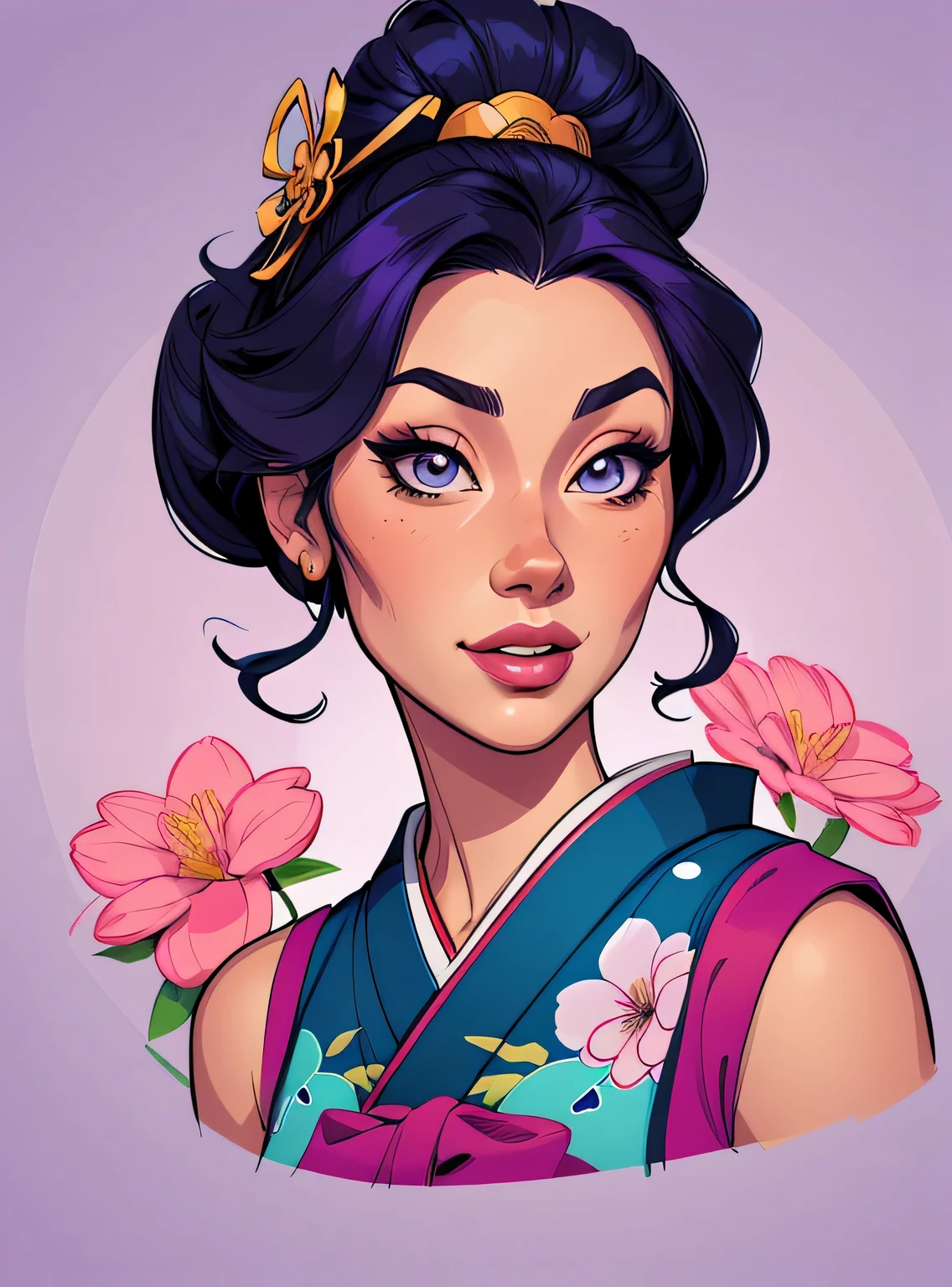 (estilo de desenho animado:1.2), Imagem de desenho animado de uma gueixa e flores, garota funky super fofa, cartoon style illustration, Estilo de arte de desenho animado, Estilo de arte de desenho animado, digital illustration style, design de personagens altamente detalhado, arte digital detalhada fofa, City Girl Fan Art, Design de personagens de retrato, beautiful digital illustration, retrato de alta qualidade, arte em quadrinhos, Retrato de design de personagens, lilac background