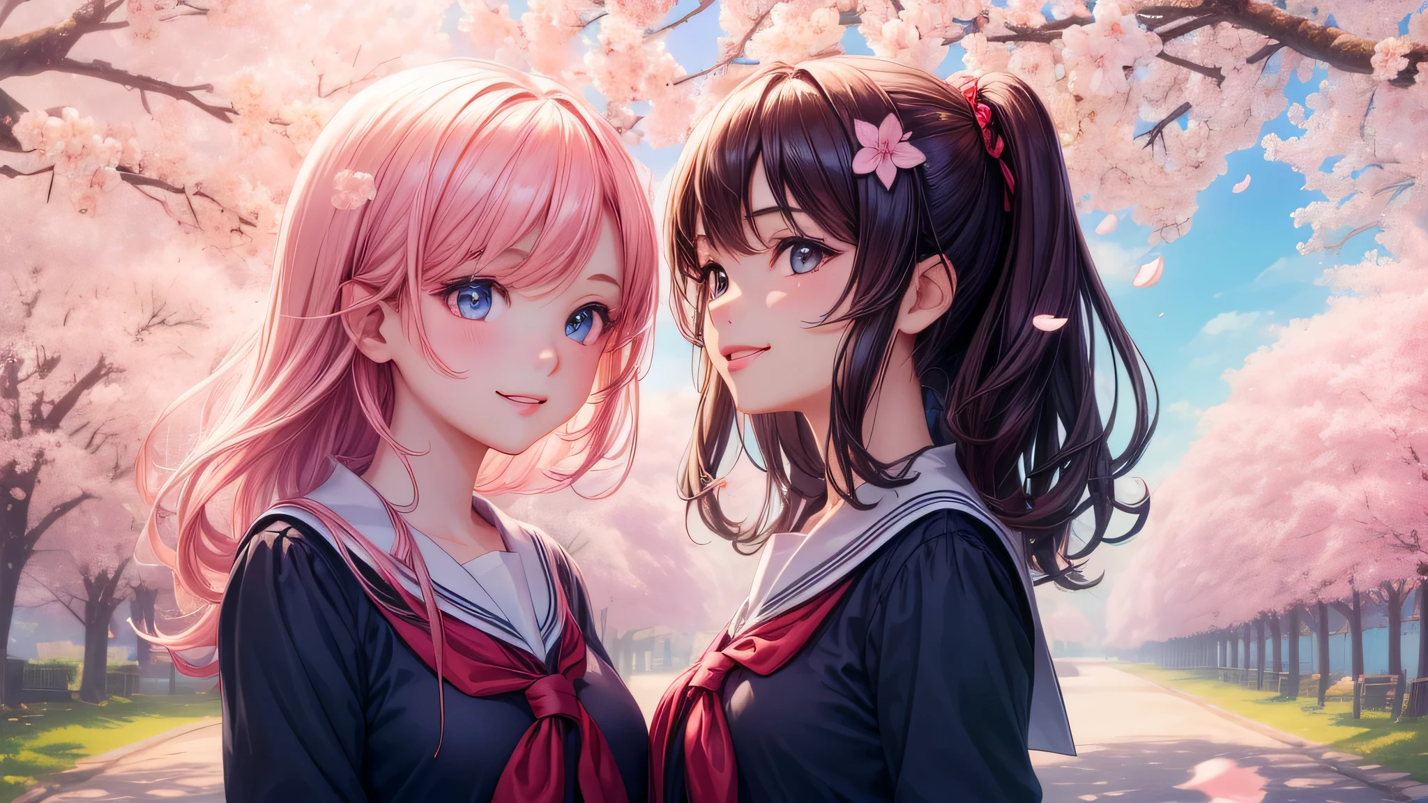 (2 girls:1.2), cute face, cute smile, (school uniform, mini skirt:1.2), (highest quality: 1.4), (Super detailed), (highest quality:1.4), (super detailed), (cherry blossomsのトンネル in full bloom, cherry blossomsのトンネル), road, Day光, cherry blossoms, cherry blossoms, Sunny, cloud, Day, blue sky, (anime illustration), very high resolution, (Upper body), close up face
