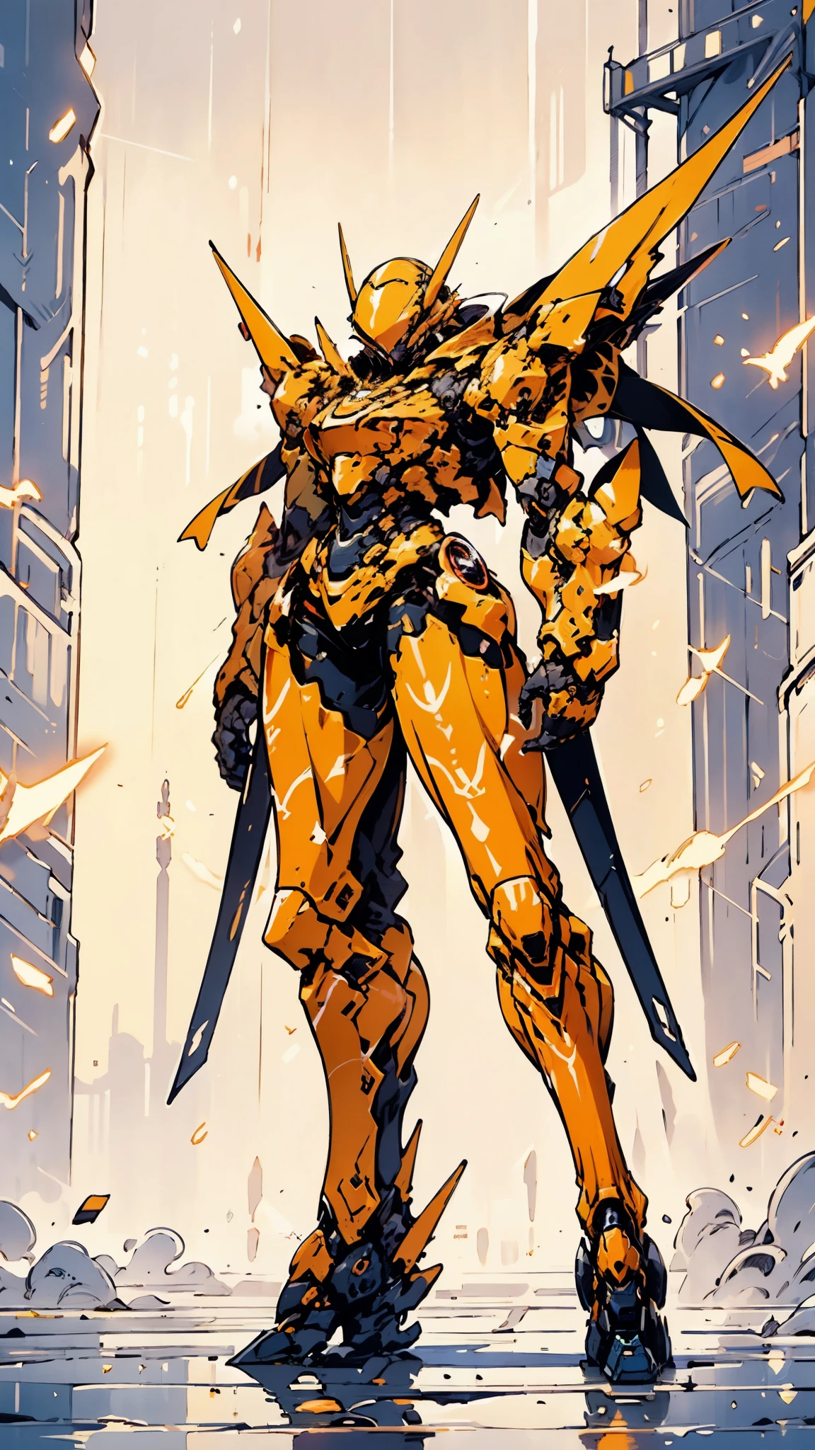 A woman adorned in fantasy-style full-body armor, a crown-concept fully enclosed helmet that unveils only her eyes, a composite layered chest plate, fully encompassing shoulder and hand guards, a lightweight waist armor, form-fitting shin guards, the overall design is heavy-duty yet flexible, ((the armor gleams with a golden glow, complemented by red and blue accents)), exhibiting a noble aura, she floats above a fantasy-surreal high-tech city, this character embodies a finely crafted fantasy-surreal style armored hero in anime style, exquisite and mature manga art style, (Queen bee mixed with Spider concept Armor, plasma, blood), ((Element, energy, elegant, goddess, femminine:1.5)), metallic, high definition, best quality, highres, ultra-detailed, ultra-fine painting, extremely delicate, professional, anatomically correct, symmetrical face, extremely detailed eyes and face, high quality eyes, creativity, RAW photo, UHD, 32k, Natural light, cinematic lighting, masterpiece-anatomy-perfect, masterpiece:1.5