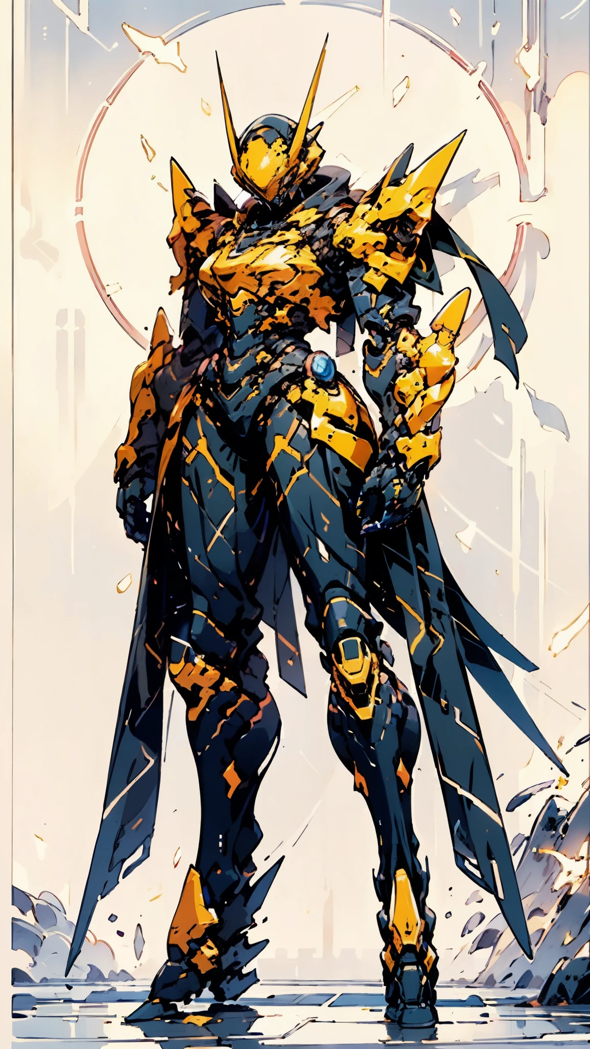 A woman adorned in fantasy-style full-body armor, a crown-concept fully enclosed helmet that unveils only her eyes, a composite layered chest plate, fully encompassing shoulder and hand guards, a lightweight waist armor, form-fitting shin guards, the overall design is heavy-duty yet flexible, ((the armor gleams with a golden glow, complemented by red and blue accents)), exhibiting a noble aura, she floats above a fantasy-surreal high-tech city, this character embodies a finely crafted fantasy-surreal style armored hero in anime style, exquisite and mature manga art style, (Queen bee mixed with Spider concept Armor, plasma, blood), ((Element, energy, elegant, goddess, femminine:1.5)), metallic, high definition, best quality, highres, ultra-detailed, ultra-fine painting, extremely delicate, professional, anatomically correct, symmetrical face, extremely detailed eyes and face, high quality eyes, creativity, RAW photo, UHD, 32k, Natural light, cinematic lighting, masterpiece-anatomy-perfect, masterpiece:1.5