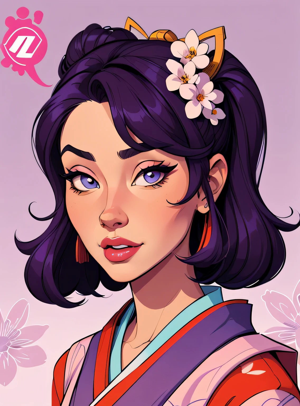 (estilo de desenho animado:1.2), Imagem de desenho animado de uma gueixa e flores, garota funky super fofa, cartoon style illustration, Estilo de arte de desenho animado, Estilo de arte de desenho animado, digital illustration style, design de personagens altamente detalhado, arte digital detalhada fofa, City Girl Fan Art, Design de personagens de retrato, beautiful digital illustration, retrato de alta qualidade, arte em quadrinhos, Retrato de design de personagens, lilac background