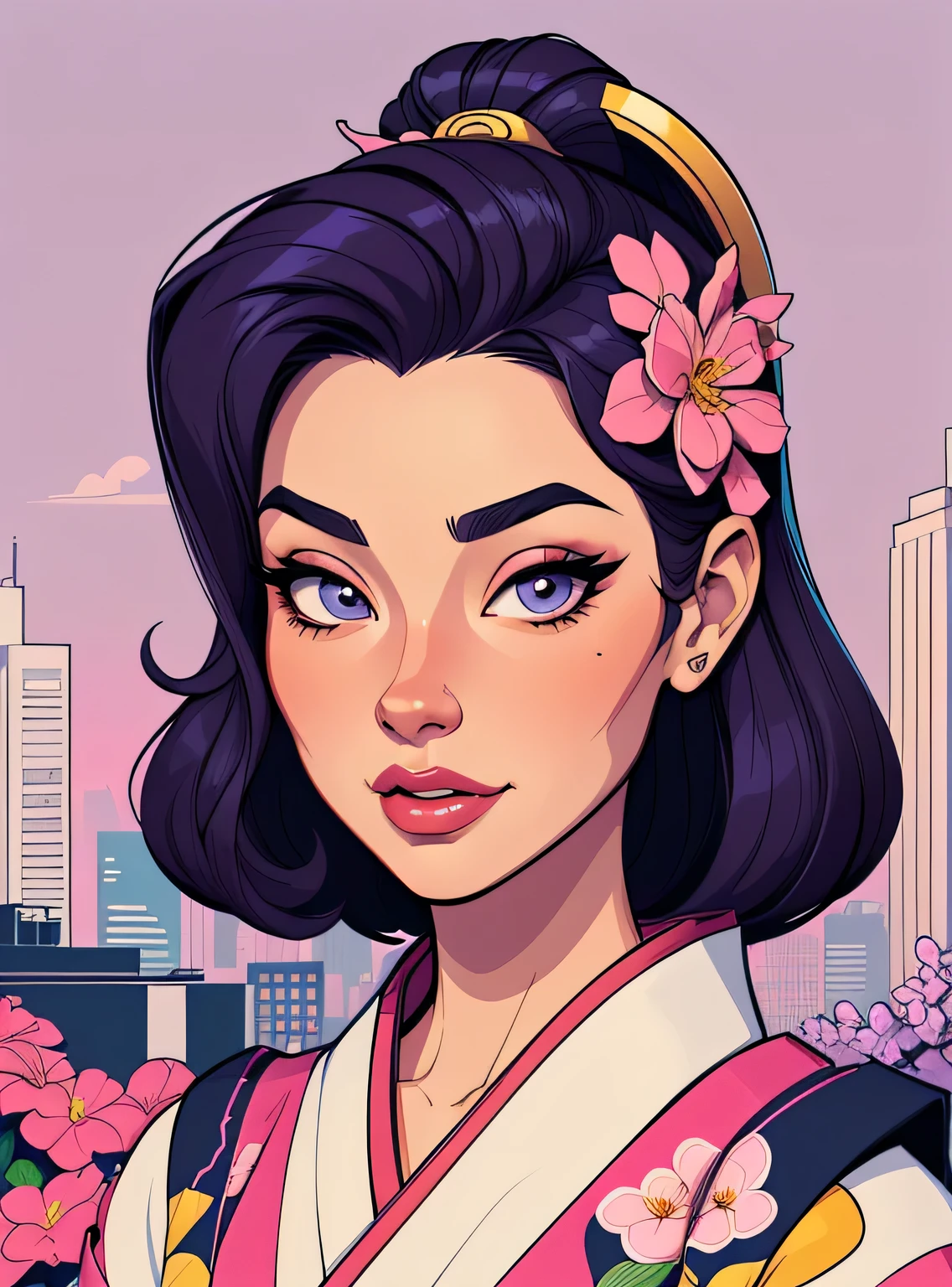 (estilo de desenho animado:1.2), Imagem de desenho animado de uma gueixa e flores, garota funky super fofa, cartoon style illustration, Estilo de arte de desenho animado, Estilo de arte de desenho animado, digital illustration style, design de personagens altamente detalhado, arte digital detalhada fofa, City Girl Fan Art, Design de personagens de retrato, beautiful digital illustration, retrato de alta qualidade, arte em quadrinhos, Retrato de design de personagens, lilac background