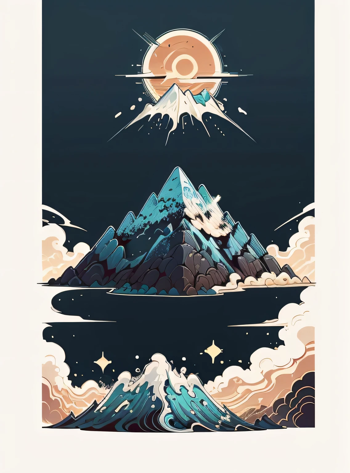 A detailed illustration, salpicos de montanha, t-shirt graphic design art piece, flat design of one retro, Tons coloridos, Limpeza altamente detalhada, Imagem vetorial, fundo preto liso, isometric, vetor vibrante, design de camiseta, retro, vintage, rustic, textura angustiante, cores desbotadas, arte de linha, Vida na praia, Recording style, fundo preto, sem sombras.