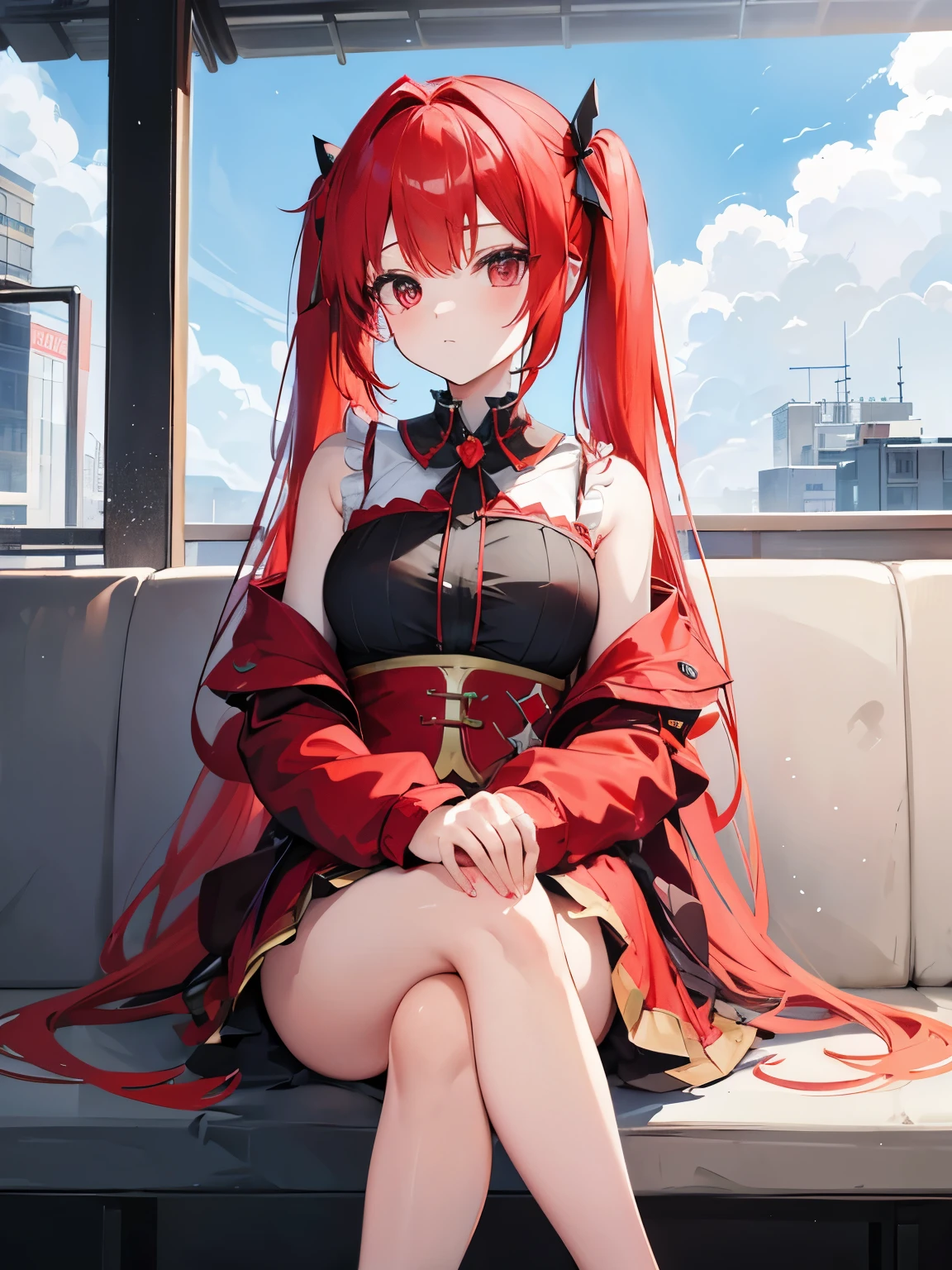 red hair、1 female、twin tails、princess、legs crossed、background(blizzard)、highest quality、positive description(looking down)、Tsundere