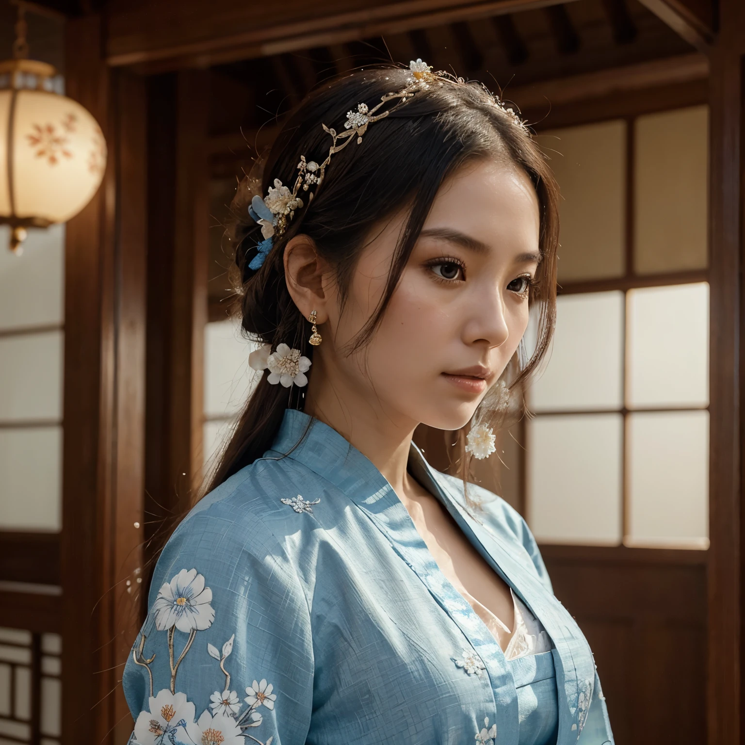 The figure is a woman portrayed in a graceful pose with a serene and contemplative expression. Her attire and styling suggest traditional East Asian influences, likely a form of hanfu with its flowing layers and intricate patterns. The garment is detailed with floral patterns in shades of blue and white, which may represent a specific type of porcelain design. The use of blue is prominent, suggesting a connection to nobility or serenity in some East Asian cultures. The woman's hair is long, flowing, and styled traditionally with ornaments that include flowers and hanging beads or jewels. These hair accessories are elaborate, adding to the sense of elegance and refinement.