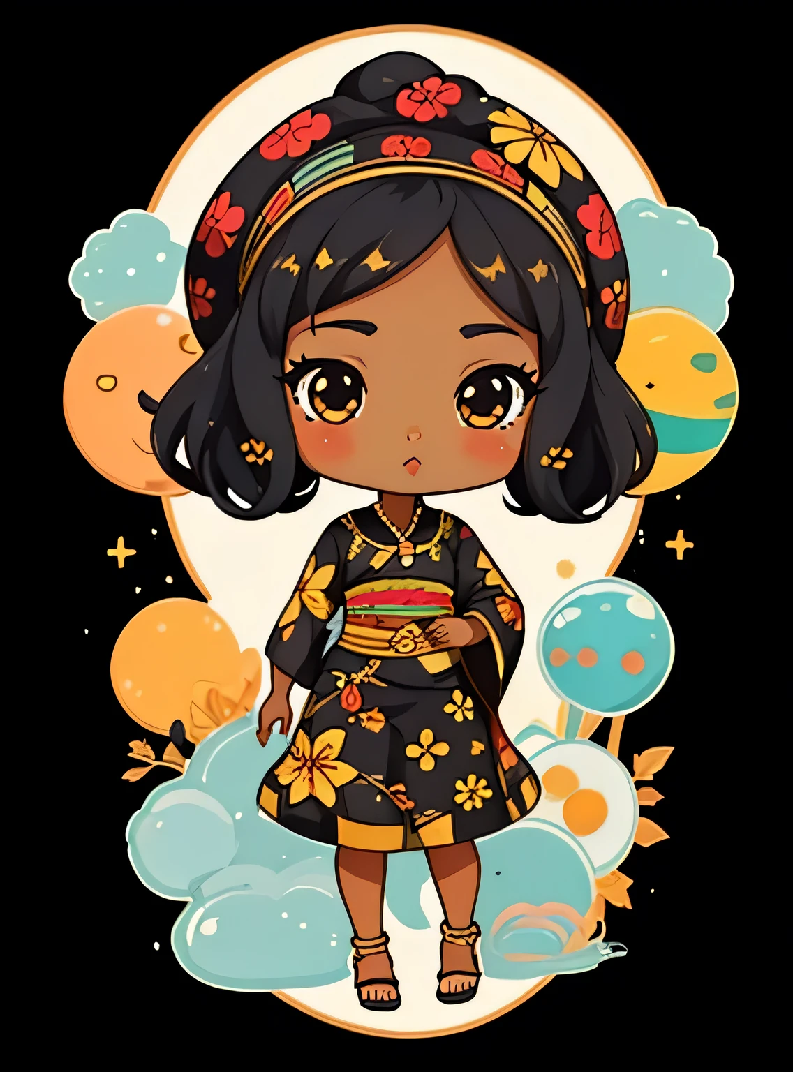 adesivo,1 garota, fundo floral e bolha, ebony woman wearing ankara dress with matching headscarf, Chibi fofo