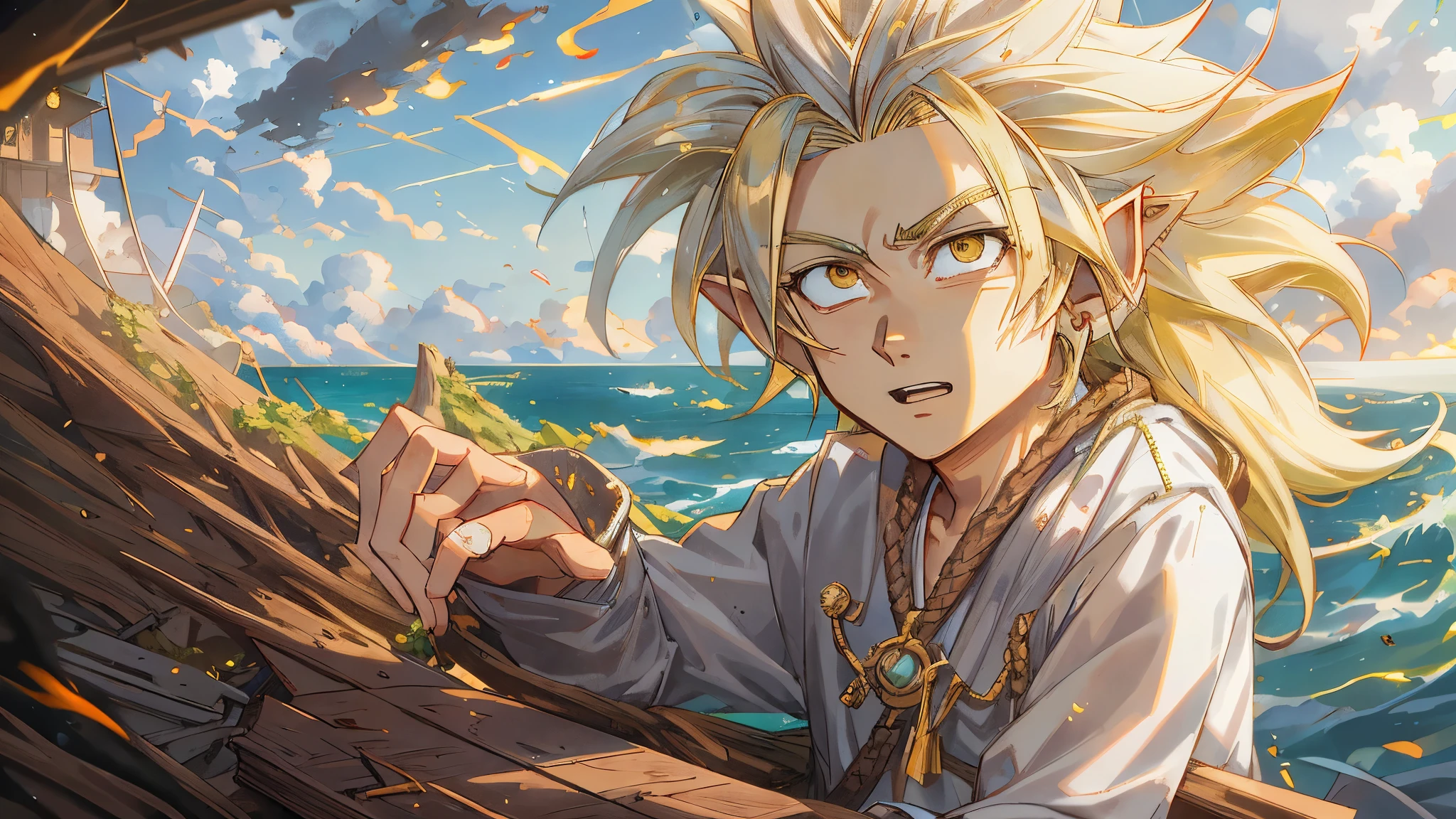(master piece), 8k, best quality, book illustration, The elf boy, childlike appearance, naive, male, teenager, , white skin, thin body, pointed elf ears, beautiful finely detailed silver eyes , high forehead, spiky yellow blonde hair like Gohan from the anime dragon ball (super sayajin), Round face, highly detailed, Incredibly handsome, conservative elven outfit, conservative posture, An explosion, wreckage of boat wood, on all sides, in Drift up on a piece of wood, at sea