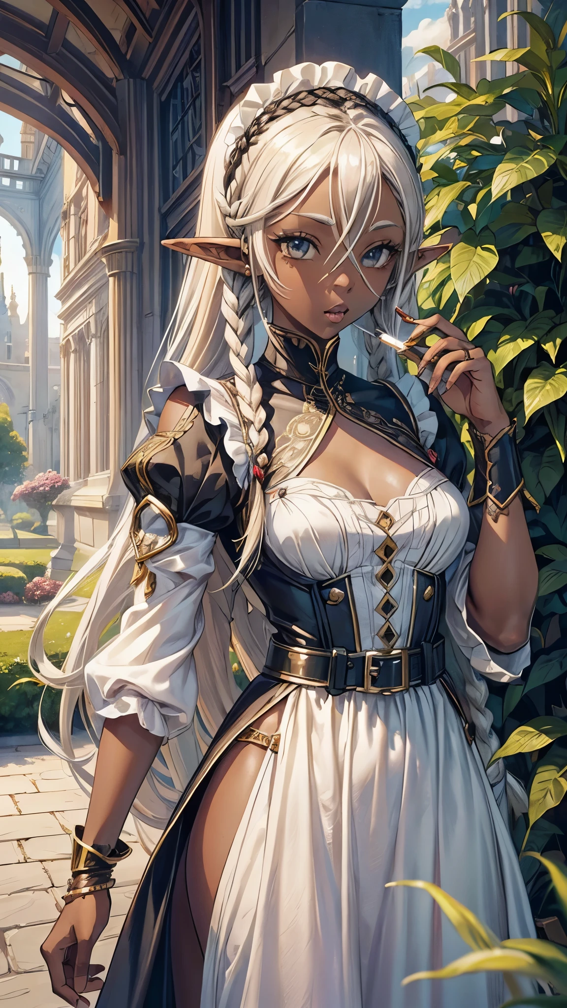 ((black skin maid elf) ((Cornrow Hair Short Dreadlocks)) (solo:1.3 blonde hair long hair detailed elf woman, 1000 yo, detailed silver eyes), ((cigarette in mouth)), open mouth, in a lovely Maid clothes, in the enchanted garden, break, perfect anatomy, masterpiece:1.2, best quality, 8k, beautiful detailed grow, daydreaming expression.