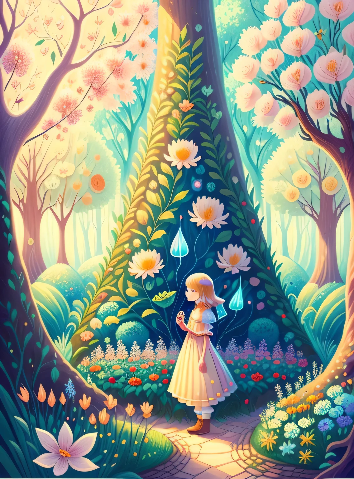 jardim de sonho, Trees, flores, Bonito, cabelos de cores claras, olhos azuis, Gossamer, a fairy tale illustration, Uma obra-prima sob luz brilhante, arte deslumbrante! A arte da magia, arte de conto de fadas, arte inspiradora, obras de arte requintadas