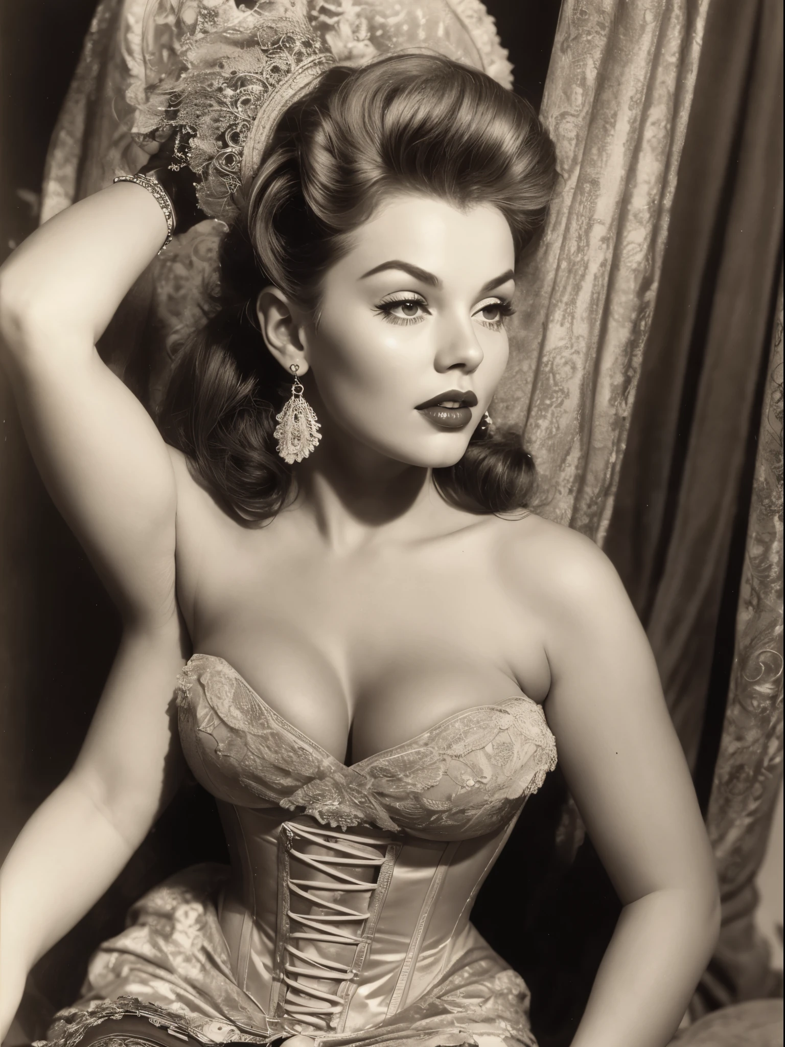 (1960s \(style\)), pin-up style, voluptuous woman in a tight-laced corset, huge hanging breasts spilling over the top, skindentation, ornate filigree, perfectly styled hairdo, parted lips, juicy lipstick, ruffled panties, long legs, thick thighs, stockings, soft lighting