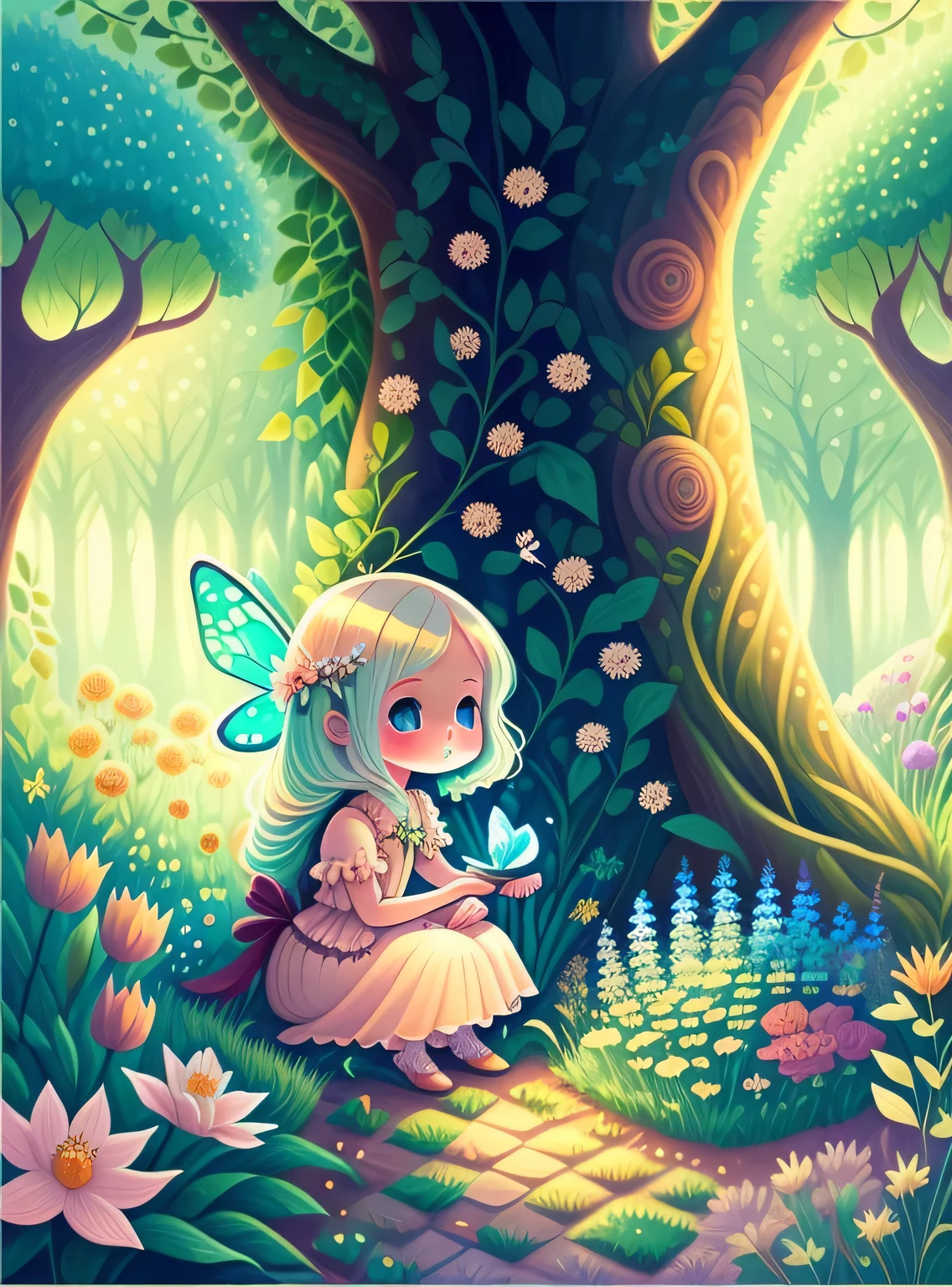 jardim de sonho, Trees, flores, Bonito, cabelos de cores claras, olhos azuis, Gossamer, a fairy tale illustration, Uma obra-prima sob luz brilhante, arte deslumbrante! A arte da magia, arte de conto de fadas, arte inspiradora, obras de arte requintadas