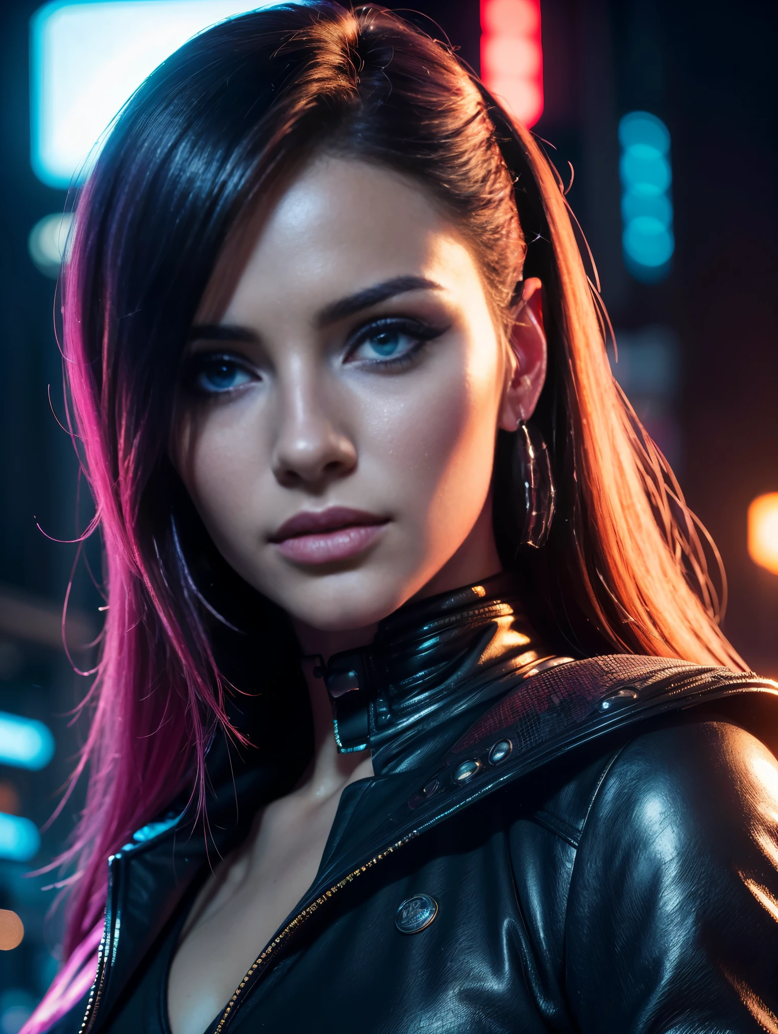 (best quality,4k,8k,highres,masterpiece:1.2),ultra-detailed,(realistic,photorealistic,photo-realistic:1.37),portrait,blade runner movie,cyberpunk,aesthetic,futuristic,beautiful detailed eyes,beautiful detailed lips,extremely detailed face,long eyelashes,exquisite makeup,perfect skin,alluring smile,sensual pose,fashionable outfit,cityscape background,vibrant neon lights,high contrast lighting,sunset colors