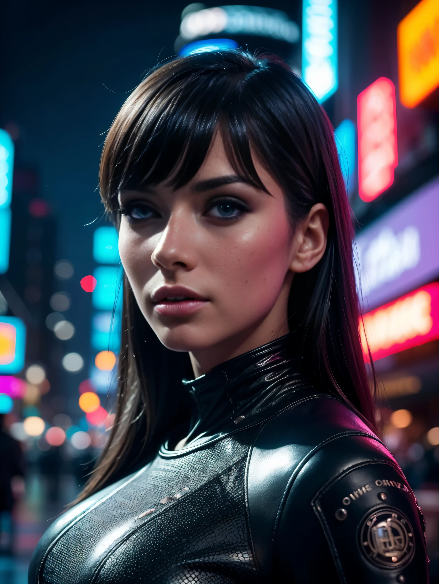 (best quality,4k,8k,highres,masterpiece:1.2),ultra-detailed,(realistic,photorealistic,photo-realistic:1.37),portrait,blade runner movie,cyberpunk,aesthetic,futuristic,beautiful detailed eyes,beautiful detailed lips,extremely detailed face,long eyelashes,exquisite makeup,perfect skin,alluring smile,sensual pose,fashionable outfit,cityscape background,vibrant neon lights,high contrast lighting,sunset colors