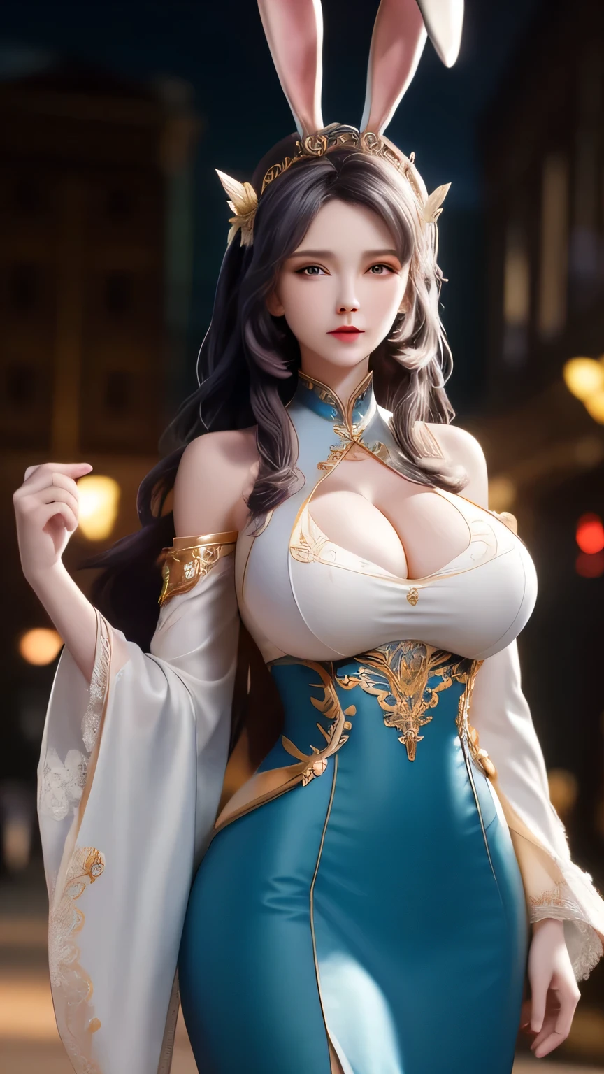 1 girl,aldult, looking at the audience, city View, night, hair accessories, long hair, fake animal ears, skirt,shirt,Clothing cut, Rabbit ears, Detached sleeves,a cute and beautiful girl,Cute and exquisite,Peerless beauty,精致hair accessories,mercy,(messy hair),lacy clothing,soft skin,Fashion,A beautiful painting,Clover hairpins,blue,Ultra high quality,8k,Depth of field macro lens),ambient lighting,emphasize,Upper body animation style,comics,High quality from the waist up,huge ,huge ,exposed breasts,show breasts,