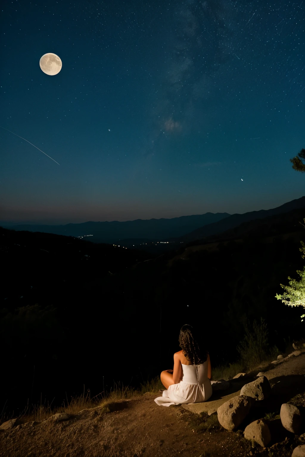 mujer mirando la luna llena, en un valle, de noche, cielo estrellado