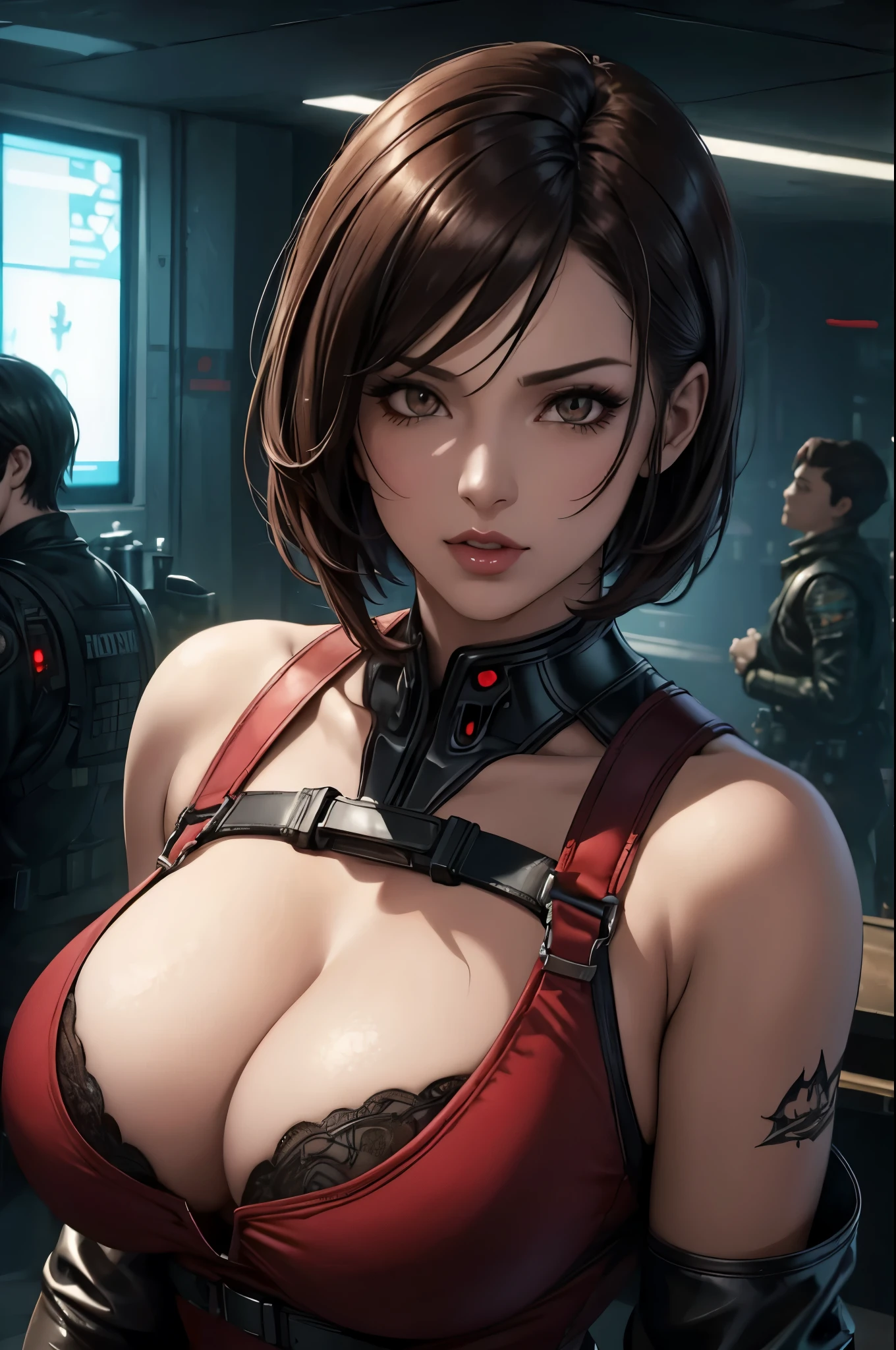 super fine illustration, ultra high resolution, masterpiece, highest quality, perfect shiny shinny skin, perfect lighting, detailed lighting, dramatic shadow, ray tracing, 1 beautiful , looking at the viewer, big posed cleavage, beautailed brown eyes, sharp face, clear eyes, red lips, long bangs, black short bob hair, ((cyberpunk dark city)), Upper body, Red long China dress, military harness, Aida Wong - Resident Evil Series,