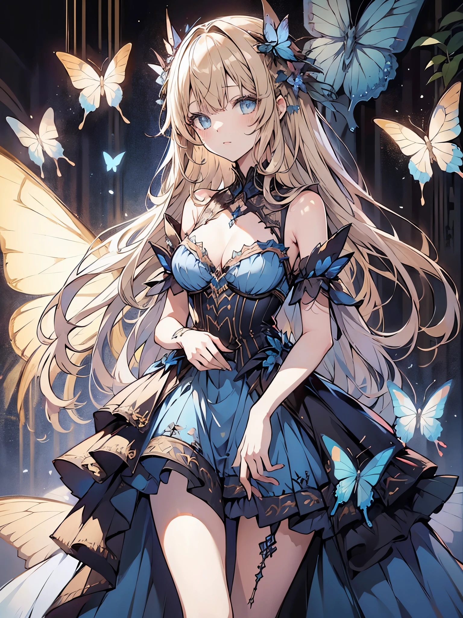 1girl,mit einem langen Kleid, The dress consists of lots of butterflies in different sizes and colors, Regenbogenfarben, Blonde Haare, sehr lange Haare, geflochtene Haare und teilweise offen, White background, elegant, dynamisch, beautifules Kunstwerk, Anime-Illustration, Ultra HD, beautiful, blaue Augen, sehr viele Schmetterlinge bilden das Kleid, bunt