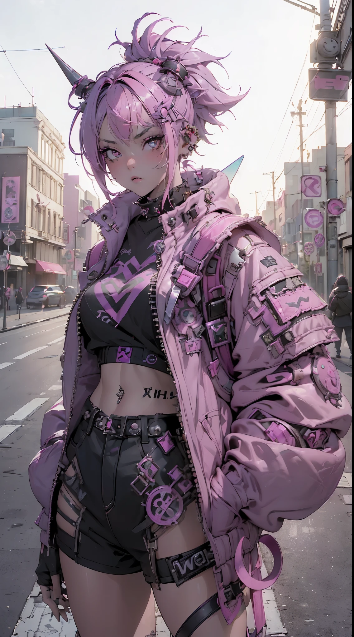 (highest quality、8k、32K、masterpiece、nffsw:1.3)、(Photoreal:1.4),18-year-old punk girl,eccentric punk hair,punk fashion,clothes with studs、pink haired,Wacky makeup、night city background,Glare of street lamps、Lens flare、Depth of the bounds written,blurred background,,,,,,,,,,,,