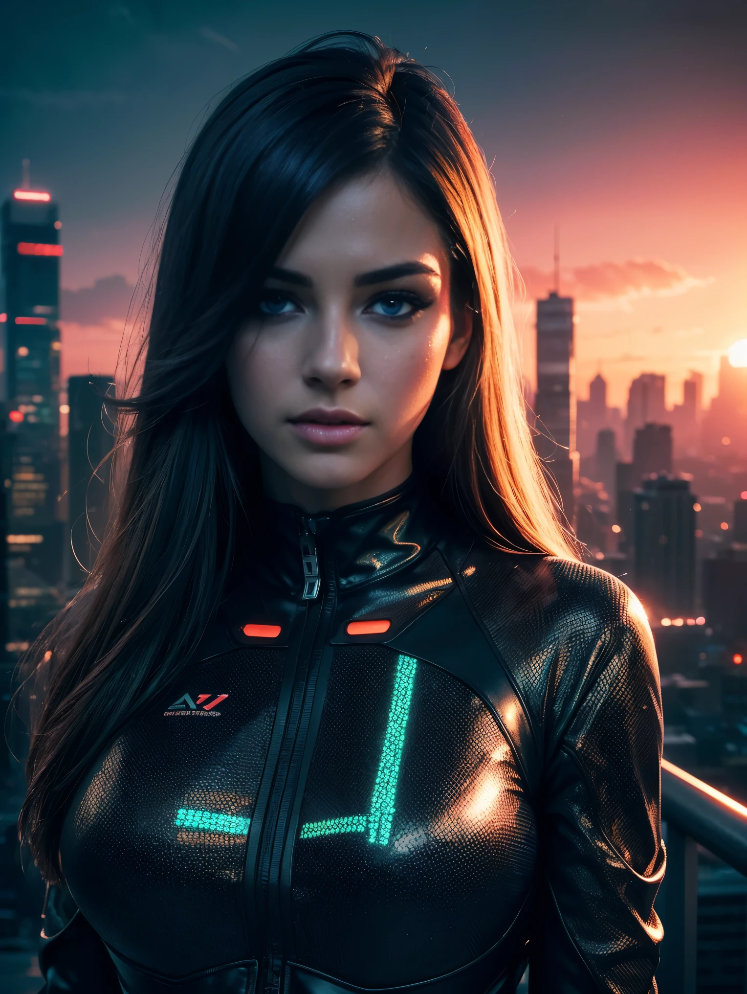 (best quality,4k,8k,highres,masterpiece:1.2),ultra-detailed,(realistic,photorealistic,photo-realistic:1.37),full body shot, blade runner movie,cyberpunk,aesthetic,futuristic,beautiful detailed eyes,beautiful detailed lips,extremely detailed face,long eyelashes,exquisite makeup,perfect skin,alluring smile,sensual pose,fashionable outfit,cityscape background,vibrant neon lights,high contrast lighting,sunset colors