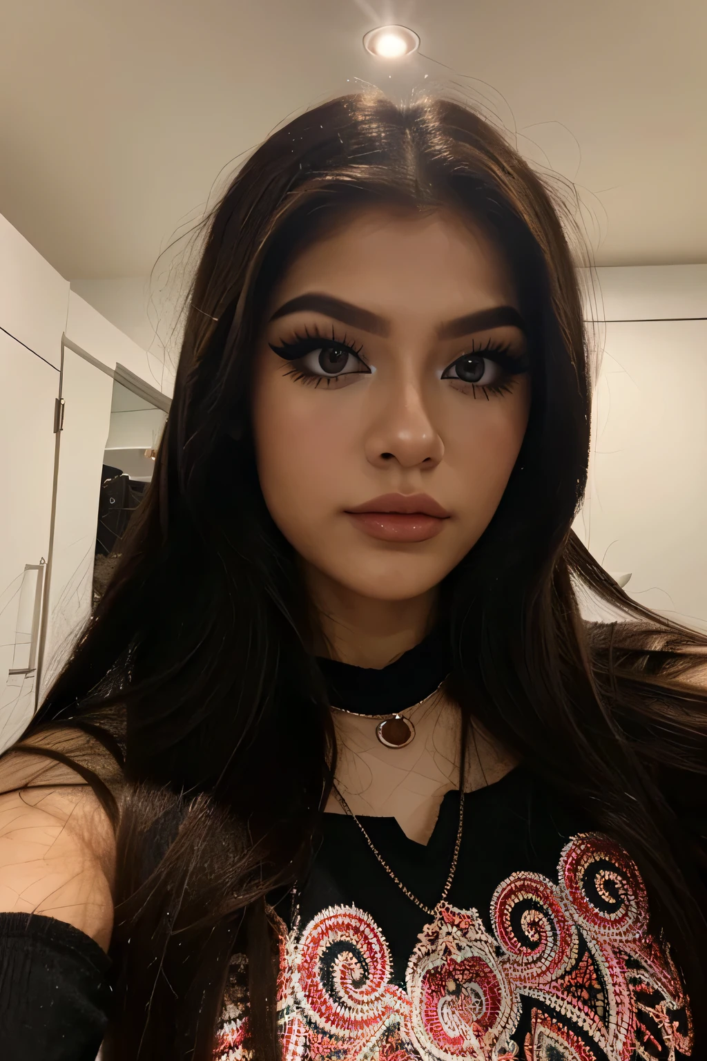 quality photo, small beautiful 20 year old girl, philipina, sharp jaw, super long fake eye lashes, smooth brown hair, influencer girl, e-girl make up, selfie