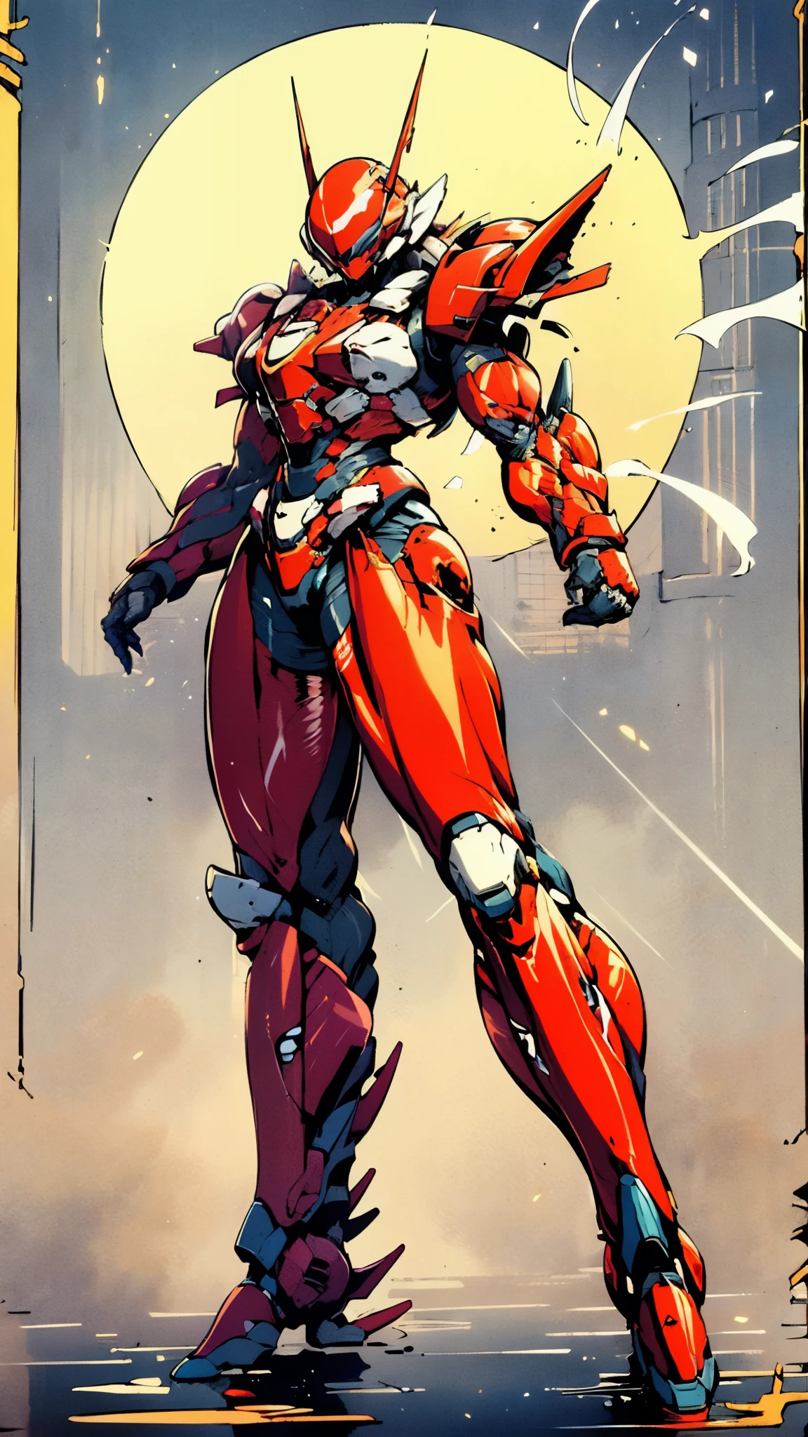 A woman adorned in fantasy-style full-body armor, a crown-concept fully enclosed helmet that unveils only her eyes, a composite layered chest plate, fully encompassing shoulder and hand guards, a lightweight waist armor, form-fitting shin guards, the overall design is heavy-duty yet flexible, ((the armor gleams with a golden glow, complemented by red and blue accents)), exhibiting a noble aura, she floats above a fantasy-surreal high-tech city, this character embodies a finely crafted fantasy-surreal style armored hero in anime style, exquisite and mature manga art style, (Queen bee mixed with Spider concept Armor, plasma, blood), ((Element, energy, elegant, goddess, femminine:1.5)), metallic, high definition, best quality, highres, ultra-detailed, ultra-fine painting, extremely delicate, professional, anatomically correct, symmetrical face, extremely detailed eyes and face, high quality eyes, creativity, RAW photo, UHD, 32k, Natural light, cinematic lighting, masterpiece-anatomy-perfect, masterpiece:1.5