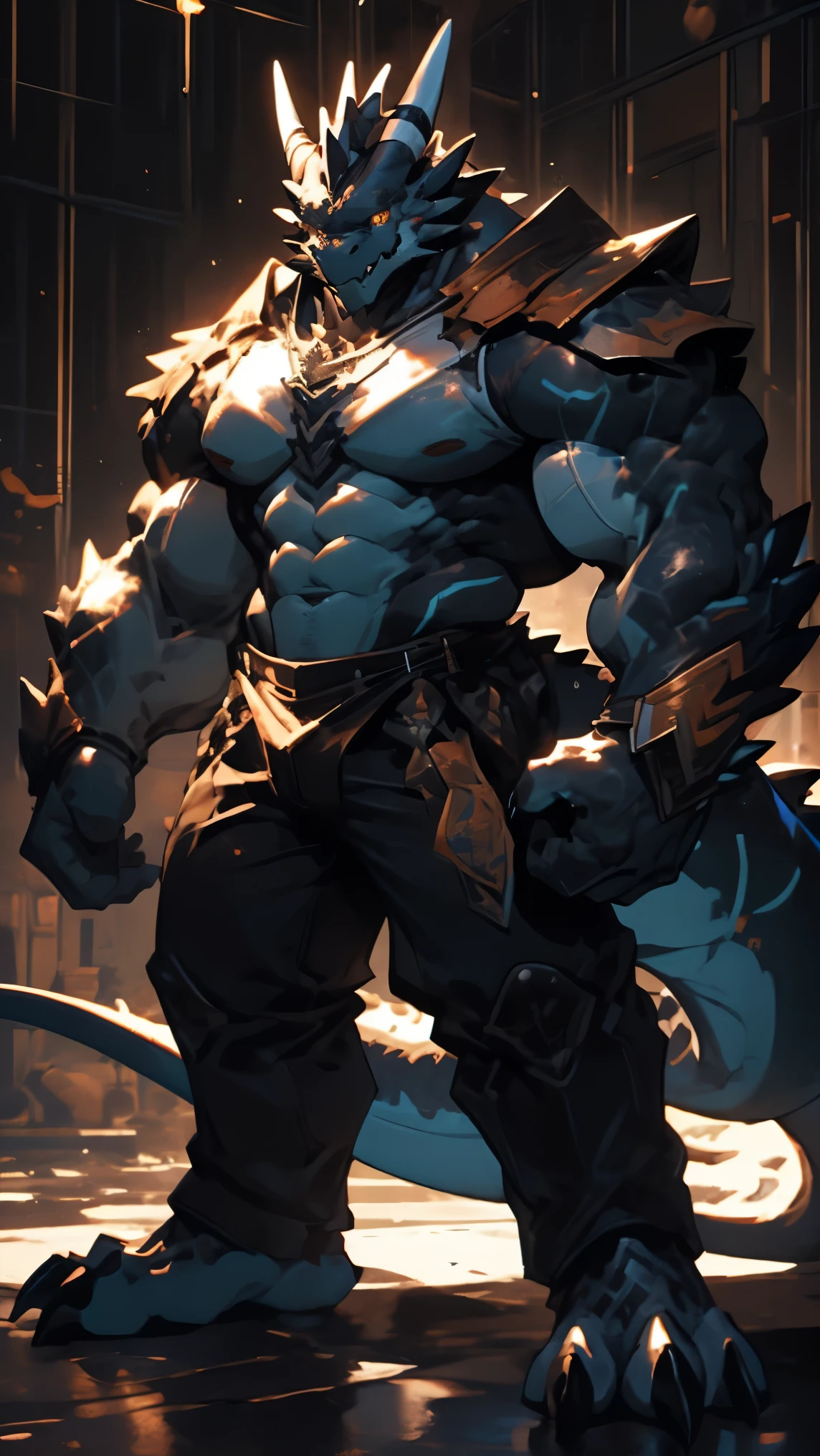 furry，HD，8k，Facial clarity，Bright Eyes，delicate eyes，Bug&#39;s Eye View，dragon，black dragon，full body portrait，male，uncle，Demon King，tough guy，Rough man，Black scales，golden eyes，tall and strong，Muscles all over the body，Large pectoral muscles，8 pack abs，Powerful biceps，thick tail，thick arms，Generous animal feet，Generous dragon claws，A scar，There is a scar on the face，There is a scar on the chest，Handsome，Mature looking，Strong build，The face is majestic，Powerful and domineering，cute，male荷尔蒙爆棚，beard，armor，briefs，shirtless，barefoot，erectile，tempting