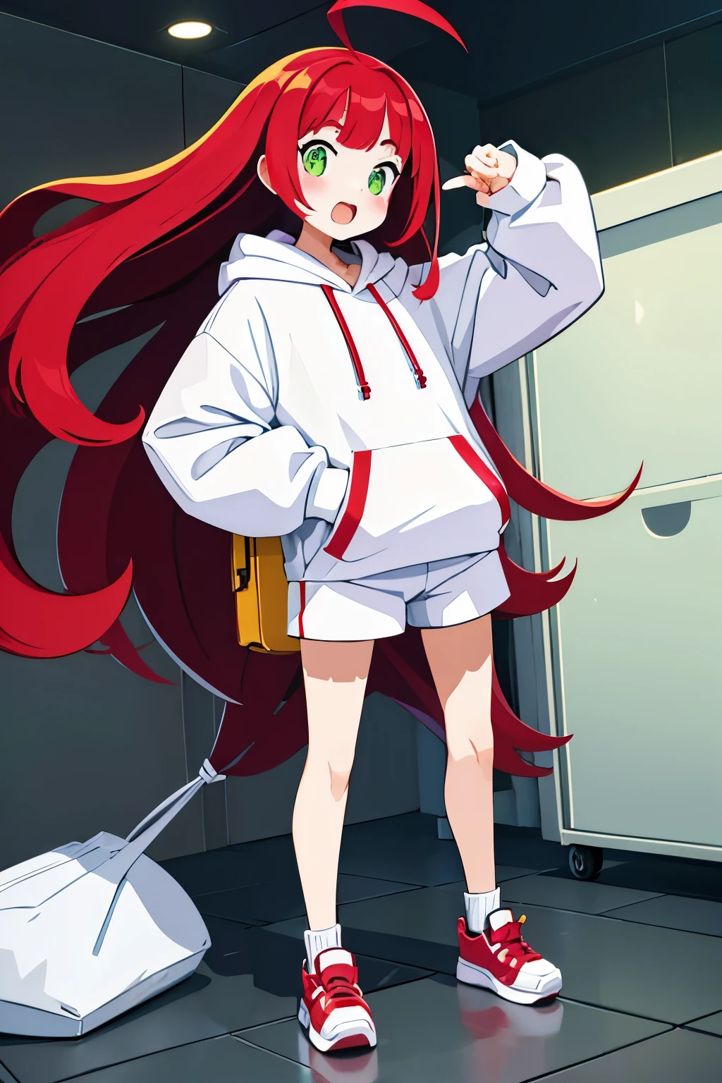  young baby face shy slanted eyes slightly open mouth red cheeks squishy bangs long flowing hair thin ahoge pale red hair yellow-green eyes white pupils slightly white skin Innerwear shorts baggy hoodie leather shoes shoulder bag cute gesture