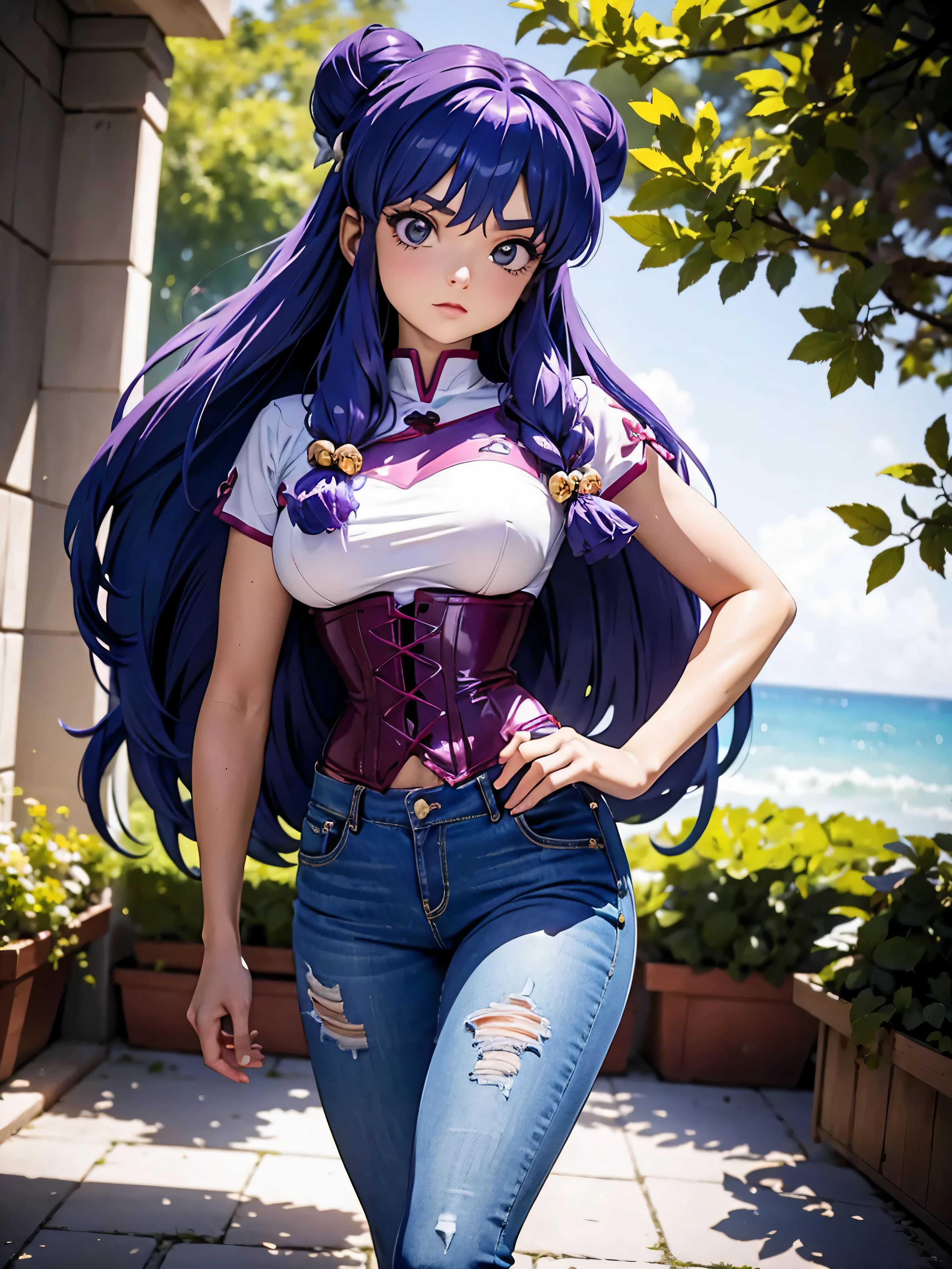 Anime cabelo purple com short jeans e corset rosa pink, 16 anos, corpo bonito, seios grandes, with hands on hips and in hair, hand on ass and hair, Garota sexy, purple cabelo, mechas de cabelo laterais, mechas de cabelo na lateral do rosto, beautiful lighting, sombras suaves, olhos azuis, pernas bonitas, cabelo longo purple, estilo anime, personagem Shampoo Chan, Autora Rumiko Takahashi, Baseado em obra de Rumiko Takahashi, Anime Ranma 1/ 2, decote sexy, quadril robusto, corpo inteiro, corpo inteiro, busto grande, garota jovem com corpo belo e bonito, sandals on his feet, garota 16 anos jovem, usando short jeans e corset pink rosa brilhante, garota anime, estilo anime, beautiful feet in sandals, 45° viewing angle, ao ar livre, peito grande, seios bonitos, cabelo purple, sandals on the feet, pernas bonitas, sexy