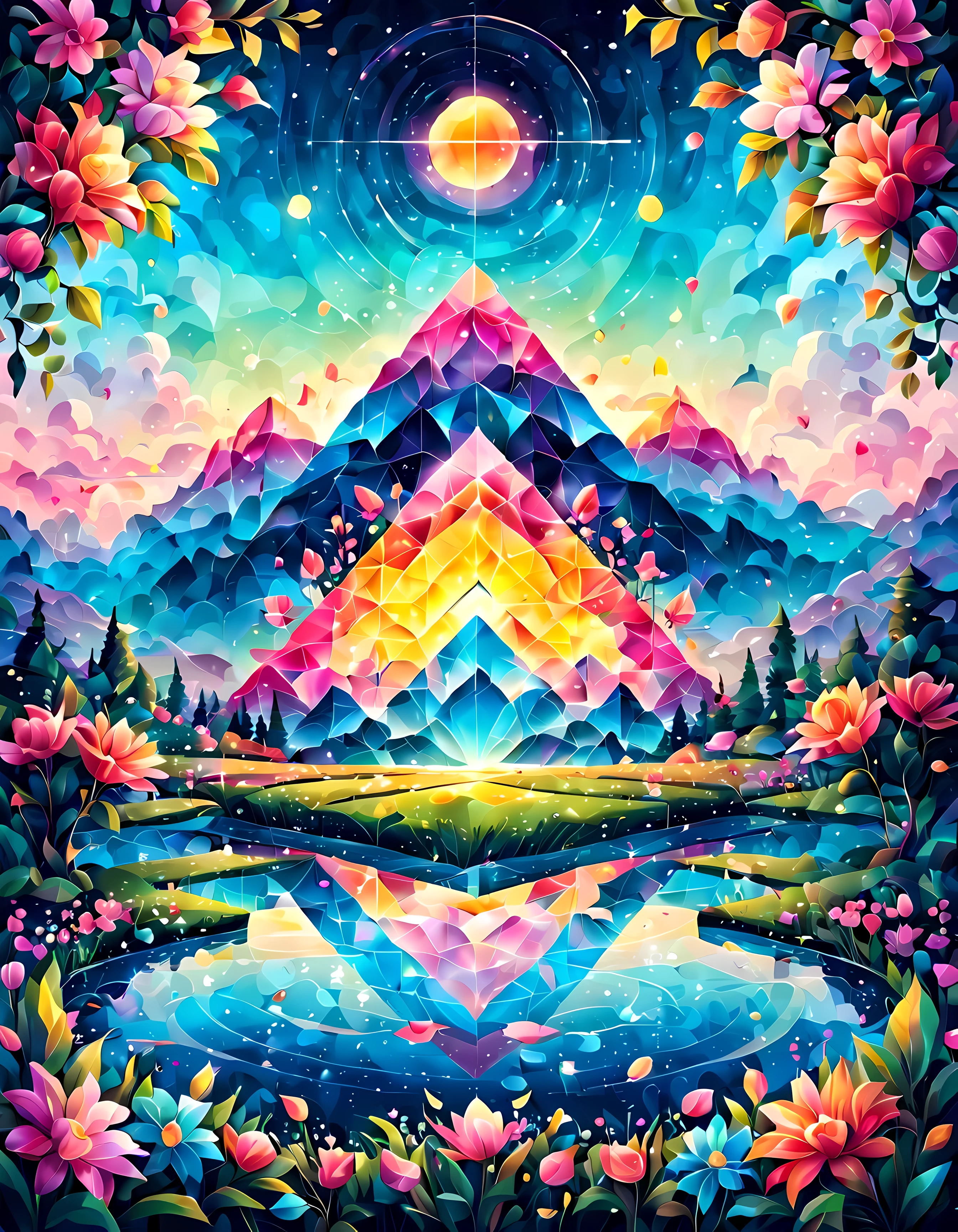 Design a visually captivating digital artwork featuring an otherworldly landscape where vibrant geometric shapes represent flowers floating amidst soft pastel hues, the flowers are depicted as intricate geometric patterns, they blend seamlessly with the ethereal background, a mesmerizing and surreal scene that evokes a sense of wonder and tranquility, masterpiece in maximum 16K resolution, superb quality. | ((More_Detail))