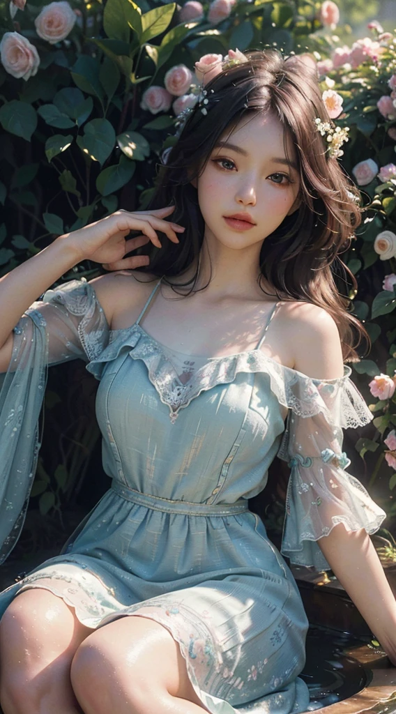 (best quality,4k,8k,highres,masterpiece:1.2),ultra-detailed,(realistic,photorealistic,photo-realistic:1.37),Flowing Dress,Blooming Flowers,Serene Garden Setting,Soft Color Palette,Delicate Brushstrokes,Subtle Sunlight,Ethereal Atmosphere,Dreamlike Composition,Portraits