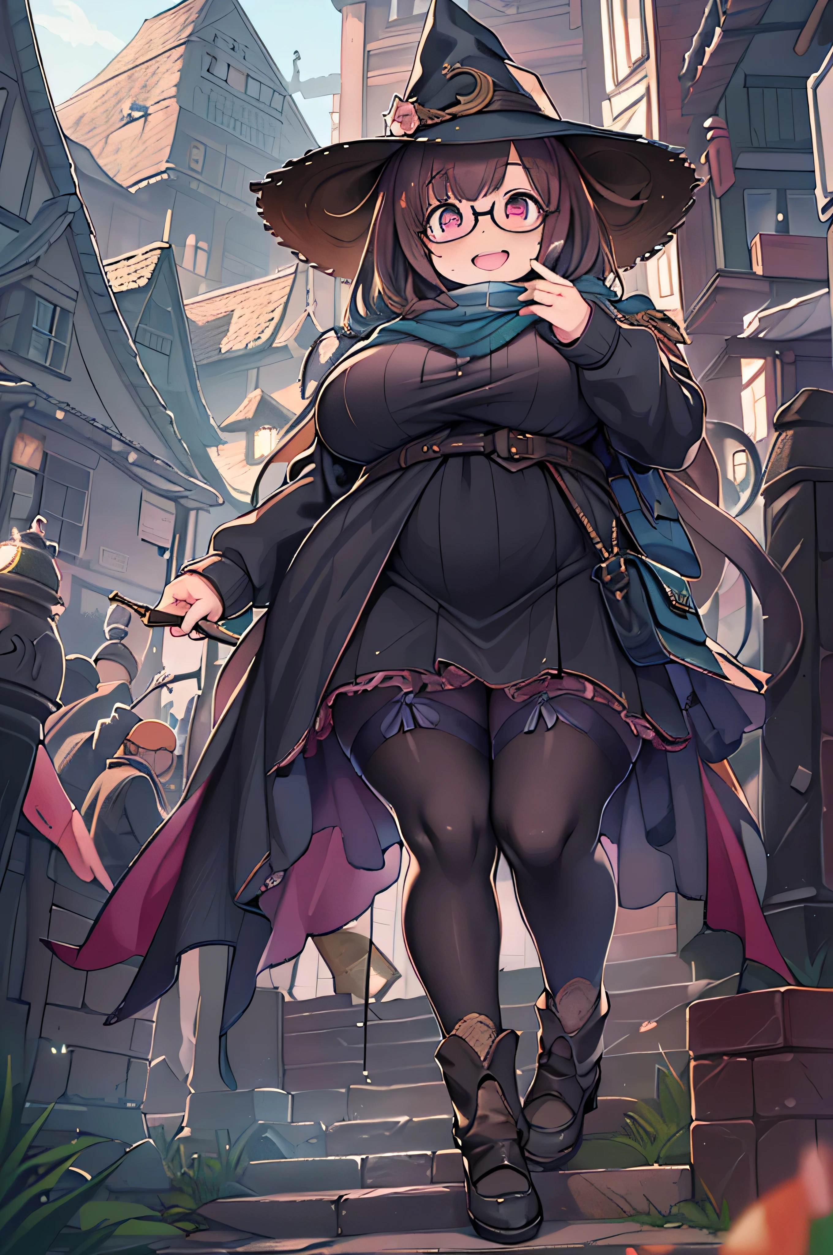 fantasy、Clever girl、(bbw:1.4)、big breasts、brown hair、purple eyes、black wizard hat、wearing black clothes、open mouth smile、medieval europe cityscape、Wearing round glasses with black rimmes、Are standing、Wearing black tights、thighs