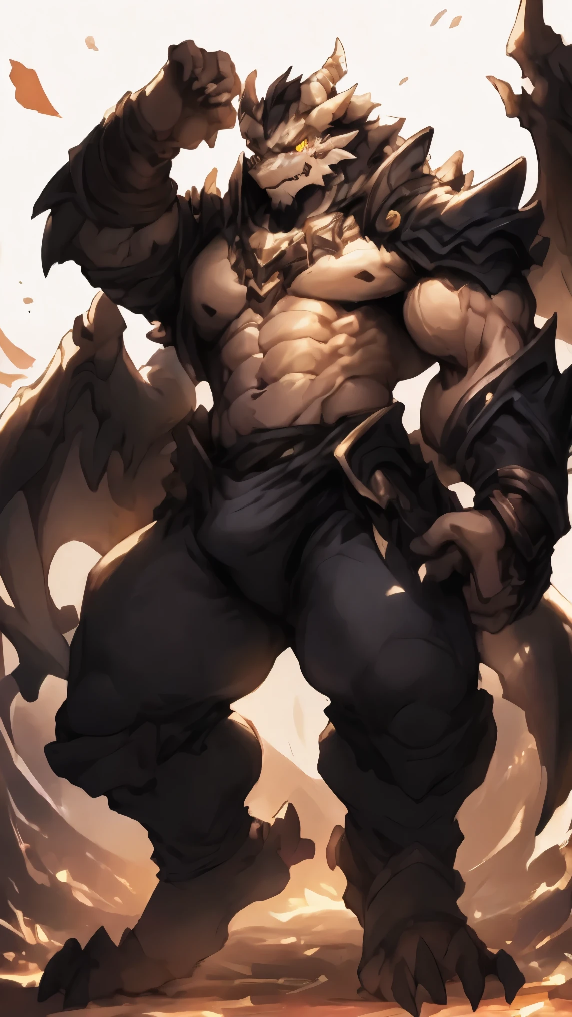 furry,HD,8k,Facial clarity,Bright Eyes,delicate eyes,Bug's Eye View,dragon,black dragon,full body portrait,male,uncle,Demon King,tough guy,Rough man,Black scales,golden eyes,tall and strong,Muscles all over the body,Large pectoral muscles,8 pack abs,Powerful biceps,thick tail,thick arms,Generous animal feet,Generous dragon claws,A scar,There is a scar on the face,There is a scar on the chest,Handsome,Mature looking,Strong build,The face is majestic,Powerful and domineering,cute,male荷尔蒙爆棚,beard,armor,briefs,shirtless,barefoot,erectile,tempting