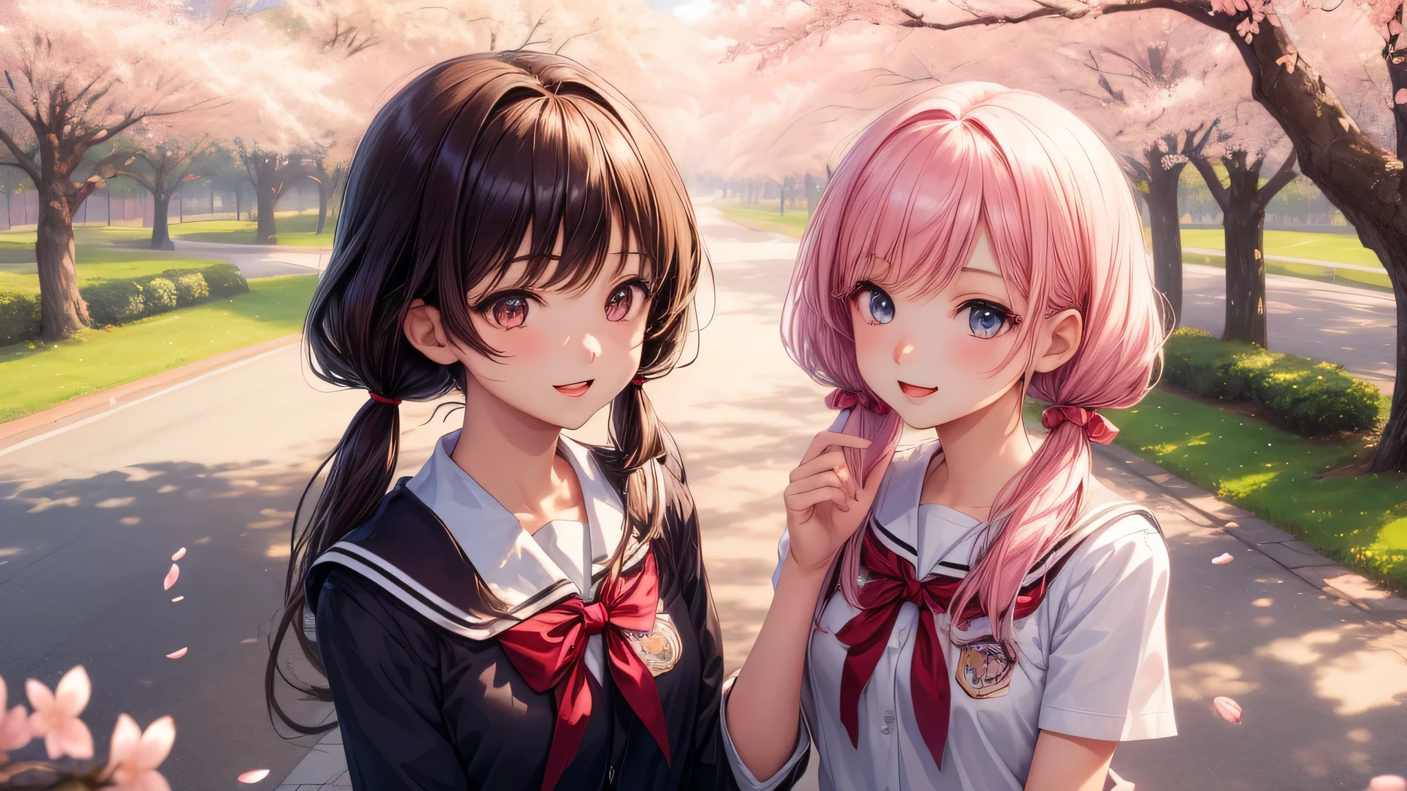 (2 girls:1.2), cute face, shining smile, twin tails, (school uniform, mini skirt:1.2), (highest quality: 1.4), (Super detailed), (highest quality:1.4), (super detailed), (cherry blossomsのトンネル in full bloom, cherry blossomsのトンネル), road, Day光, cherry blossoms, cherry blossoms,  Sunny, cloud, Day,  blue sky, (anime illustration), very high resolution, (Upper body), close up face