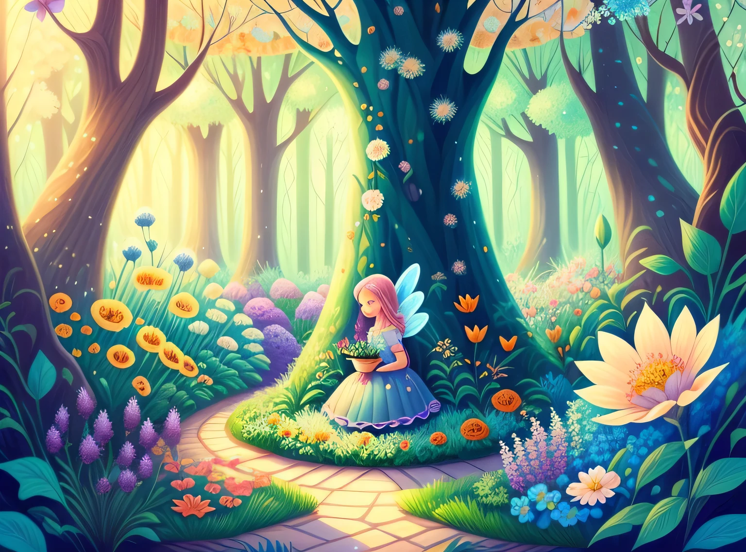 jardim de sonho, Trees, flores, Bonito, cabelos de cores claras, olhos azuis, Gossamer, a fairy tale illustration, Uma obra-prima sob luz brilhante, arte deslumbrante! A arte da magia, arte de conto de fadas, arte inspiradora, obras de arte requintadas