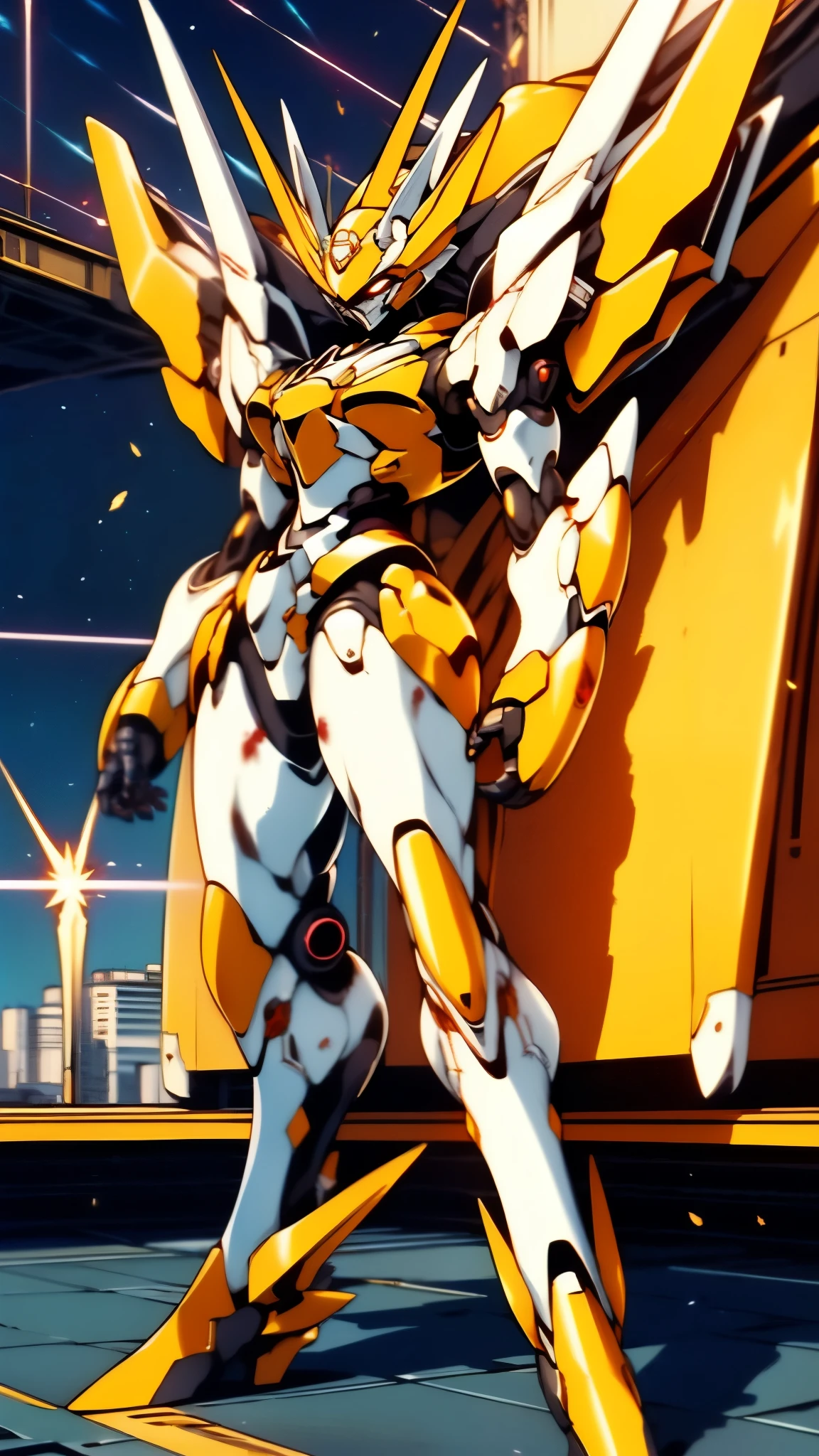 A woman adorned in fantasy-style full-body armor, a crown-concept fully enclosed helmet that unveils only her eyes, a composite layered chest plate, fully encompassing shoulder and hand guards, a lightweight waist armor, form-fitting shin guards, the overall design is heavy-duty yet flexible, ((the armor gleams with a golden glow, complemented by red and blue accents)), exhibiting a noble aura, she floats above a fantasy-surreal high-tech city, this character embodies a finely crafted fantasy-surreal style armored hero in anime style, exquisite and mature manga art style, (Queen bee mixed with Spider concept Armor, plasma, blood), ((Element, energy, elegant, goddess, femminine:1.5)), metallic, high definition, best quality, highres, ultra-detailed, ultra-fine painting, extremely delicate, professional, anatomically correct, symmetrical face, extremely detailed eyes and face, high quality eyes, creativity, RAW photo, UHD, 32k, Natural light, cinematic lighting, masterpiece-anatomy-perfect, masterpiece:1.5